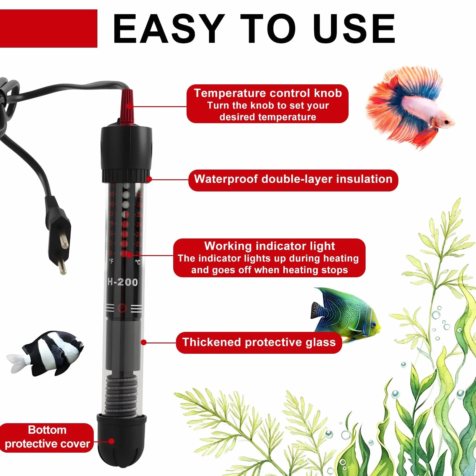Puissant Chauffage d’Aquarium Submersible 50W avec Thermostat Réglable 20-34℃ pour Poissons et Tortues, Compact et Sécurisé avec Ventouse, Verre de Quartz Résistant pour Réservoirs 10L à 60L