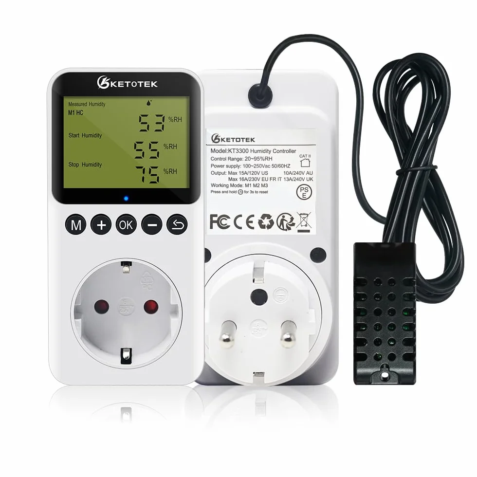 KETOTEK Prise Hygrostat Numérique avec Sonde, Contrôleur Humidité 220V pour Terrarium Reptile Couveuse Incubateur
