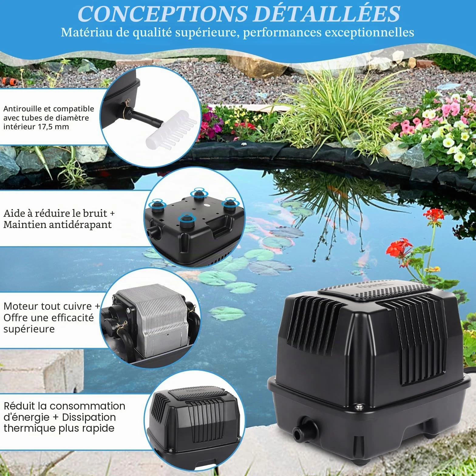 hygger Pompe à Air pour Bassin 25W Silencieuse Extérieur avec Conversion Connecteur