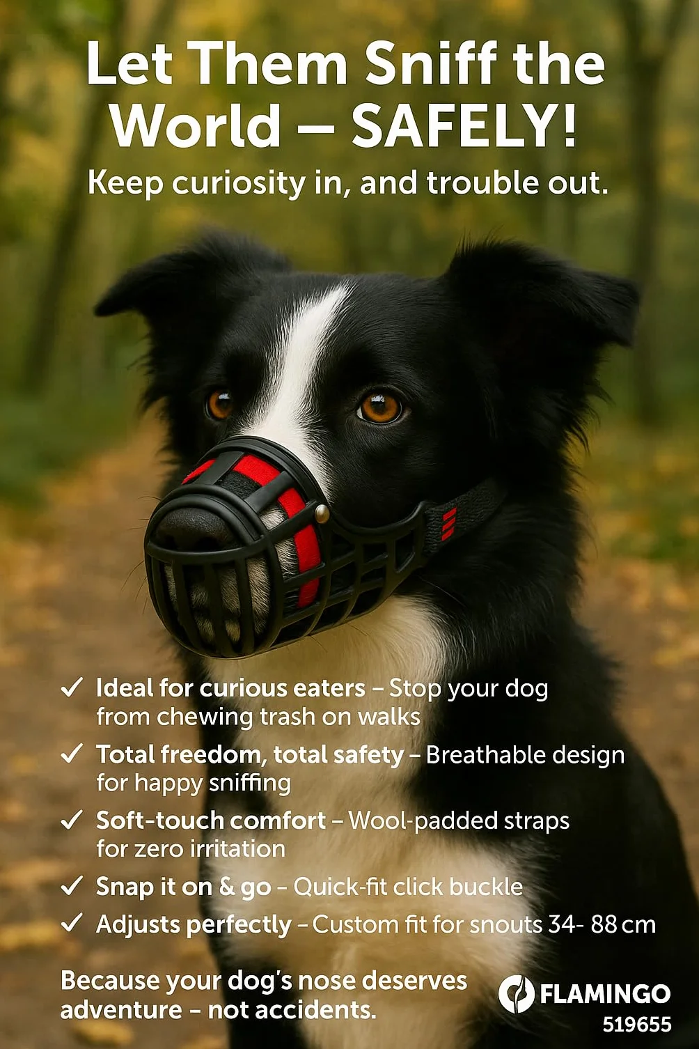 Muselière Chien - Museliere pour Chiens - Taille XS: Nuque 26-37cm, Nez 4x4,5cm - idéal pour Les promenades - Flamingo Muselière Chien Silas Noir