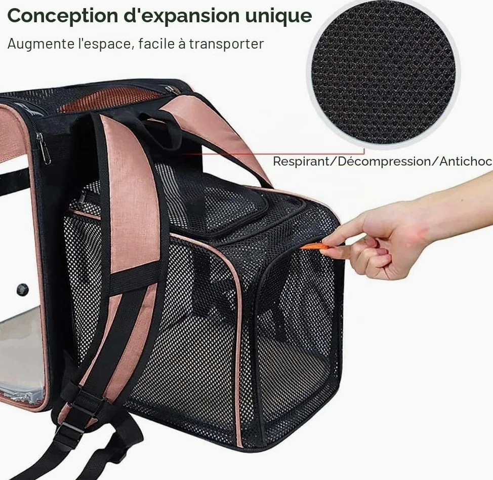 Sac de Transport Chat Petit Chien 10kg, Sac à Dos Extensible Transparent pour Animaux, Pliable Spacieux Respirant avec Matelas en Peluche, Grand Transporteur pour Voyage on Train Voiture Avion (Rose)