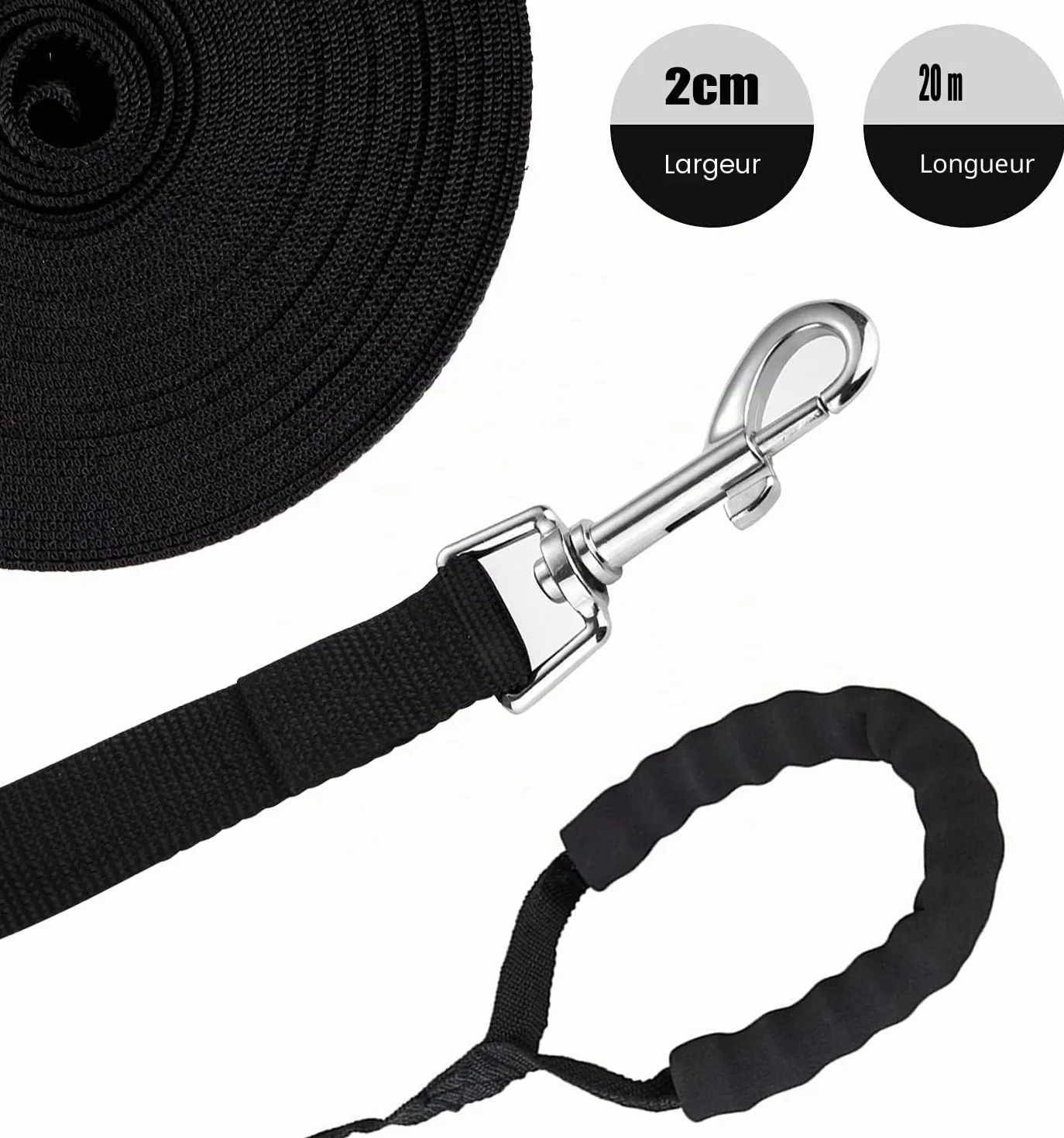 Longe pour Chien 20m Noir - Laisse de Dressage Longue pour Petites à Grandes Tailles