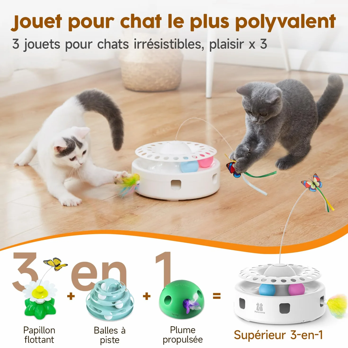 Potaroma Jouet Interactif Automatique 3-en-1 pour Chats d'Intérieur – Plumes Mobiles, Papillon Volant & Balles de Piste, Double Alimentation USB ou Piles