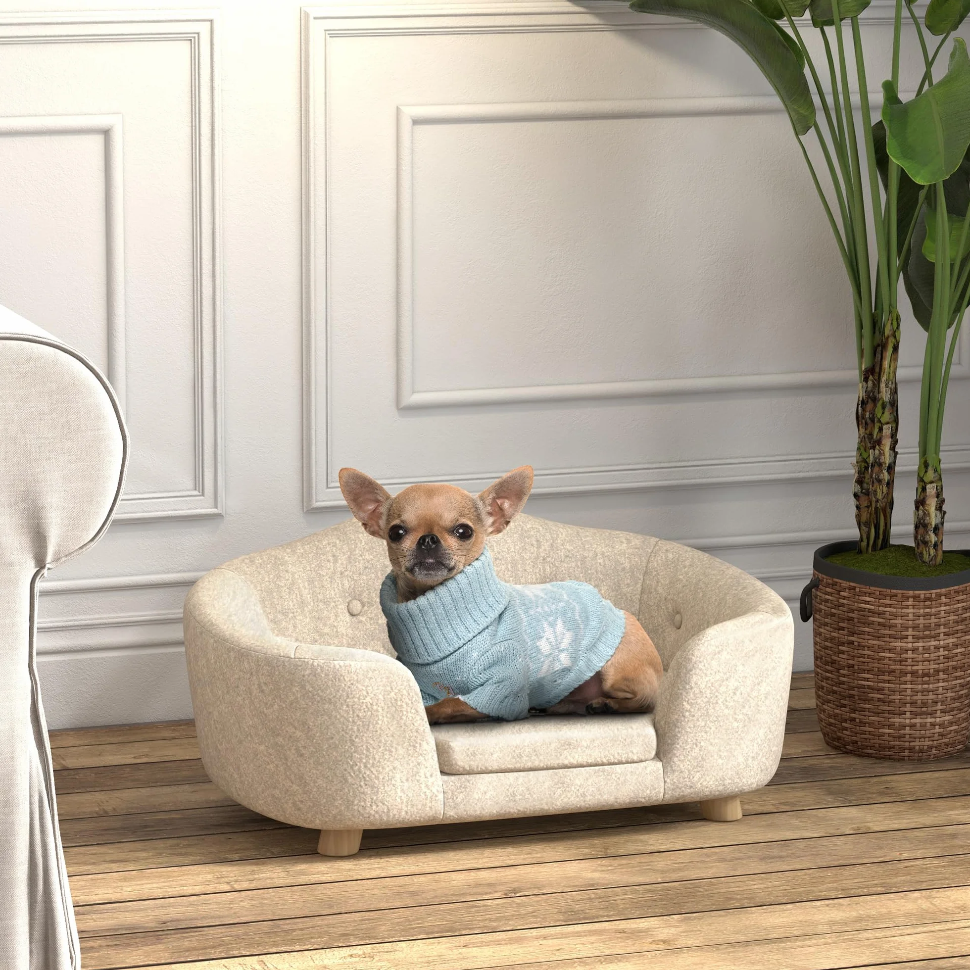 PawHut Canapé-lit pour animaux de compagnie - Coussin et poche arrière - Peluche et mousse de pin - Blanc crème - 70 x 47 x 30 cm