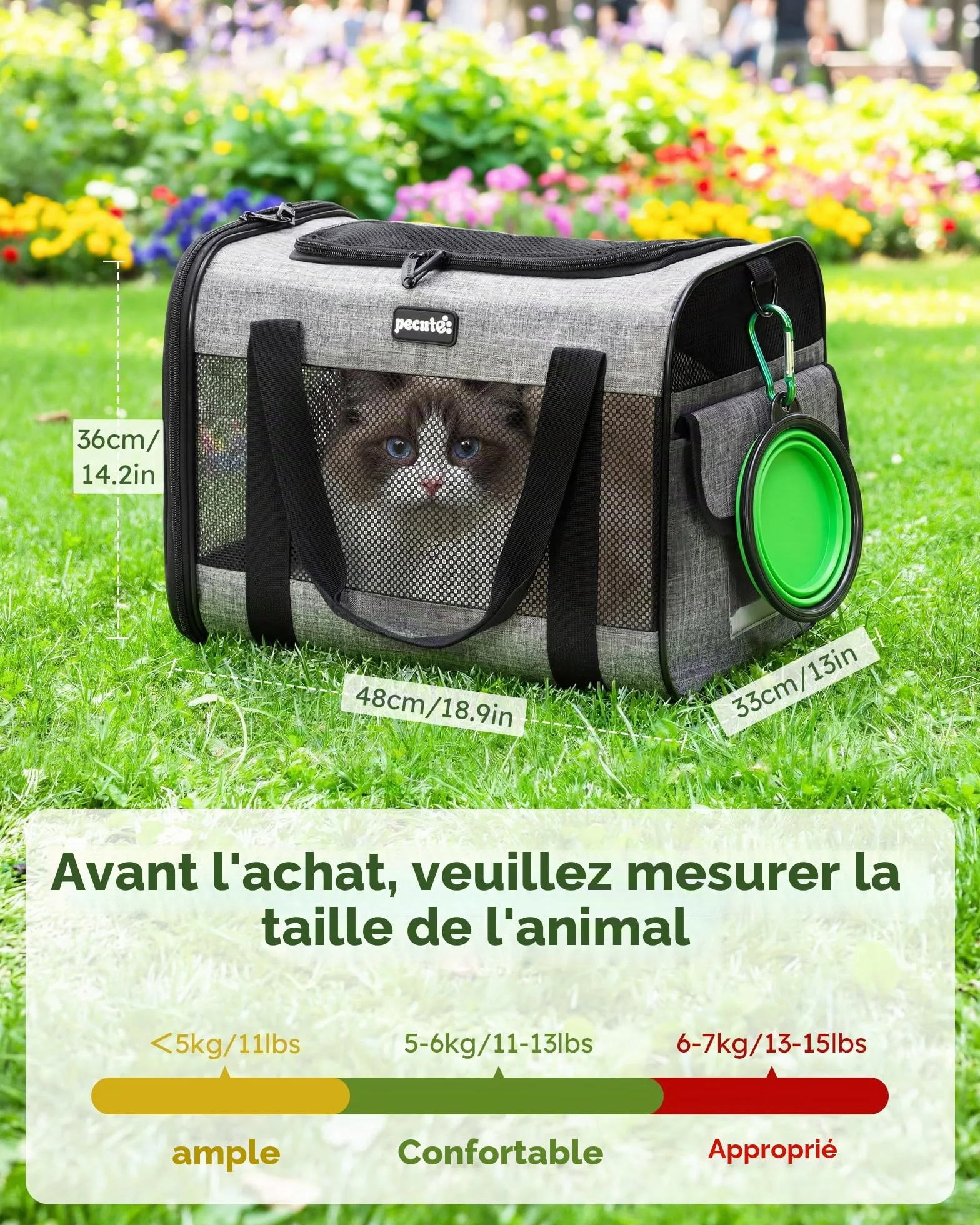 Pecute Sac de Transport pour Chat, Sac à Dos Portable pour Chiens Voyage avec Mangeoire Pliable, Tissu Maille Respirant