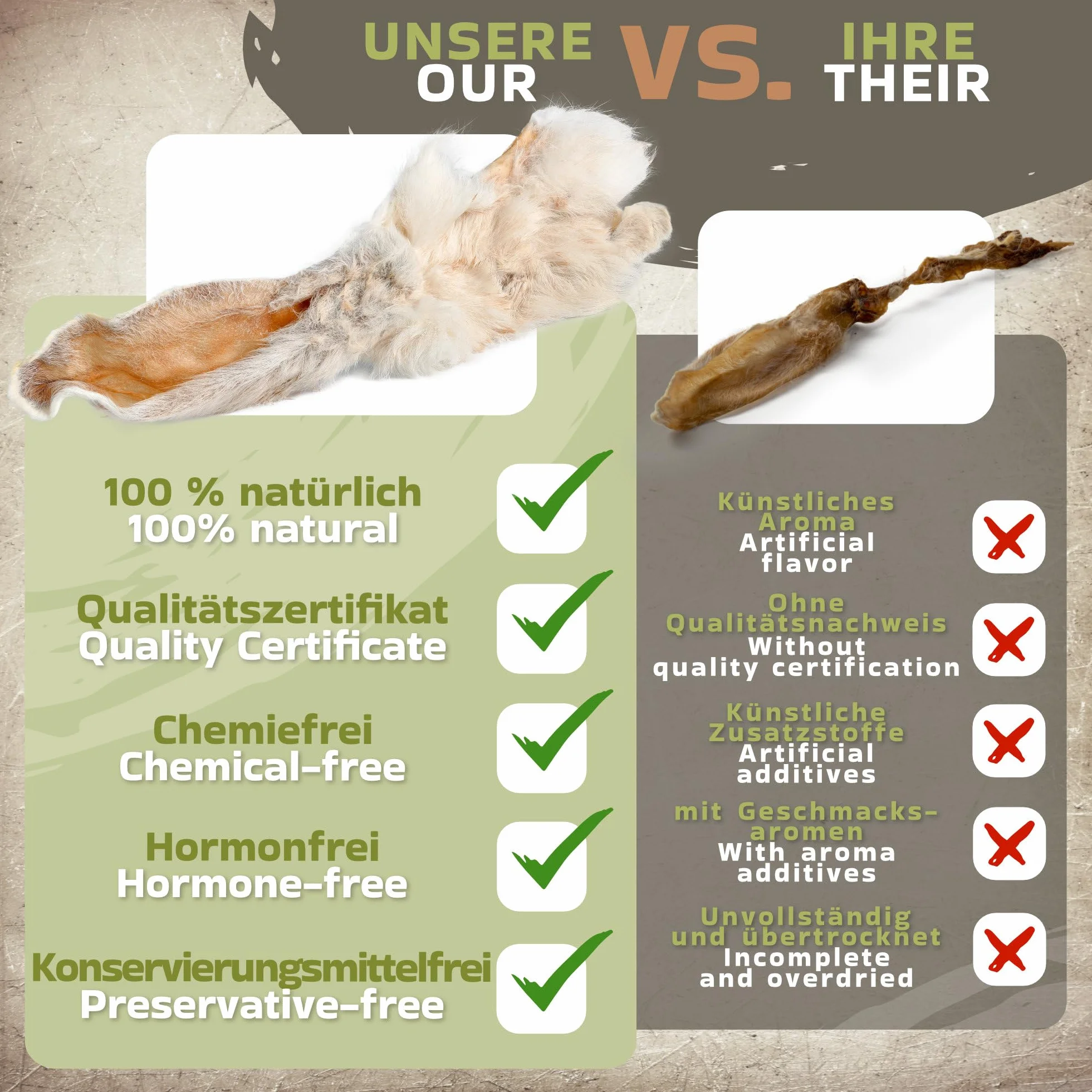 Oreilles de Lapin avec Fourrure 1kg (Environ 75–85 pièces) | Friandises à mâcher Naturelles | sans céréales | Séchées à l’air | pour Une Alimentation Naturelle
