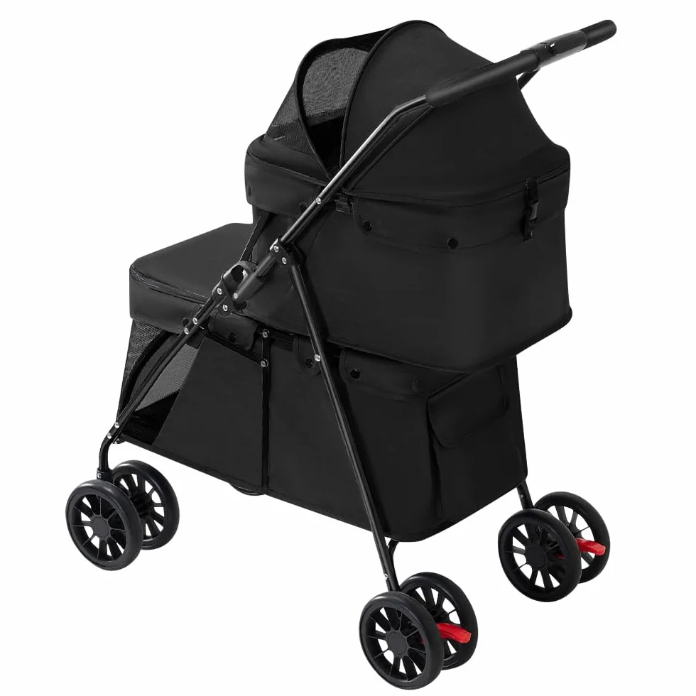 Poussette Double Couche pour Chien Chat Animaux Voyage, Pliable 4 Roues Chariot Landau Jogger Buggy 67x50x95cm Noir