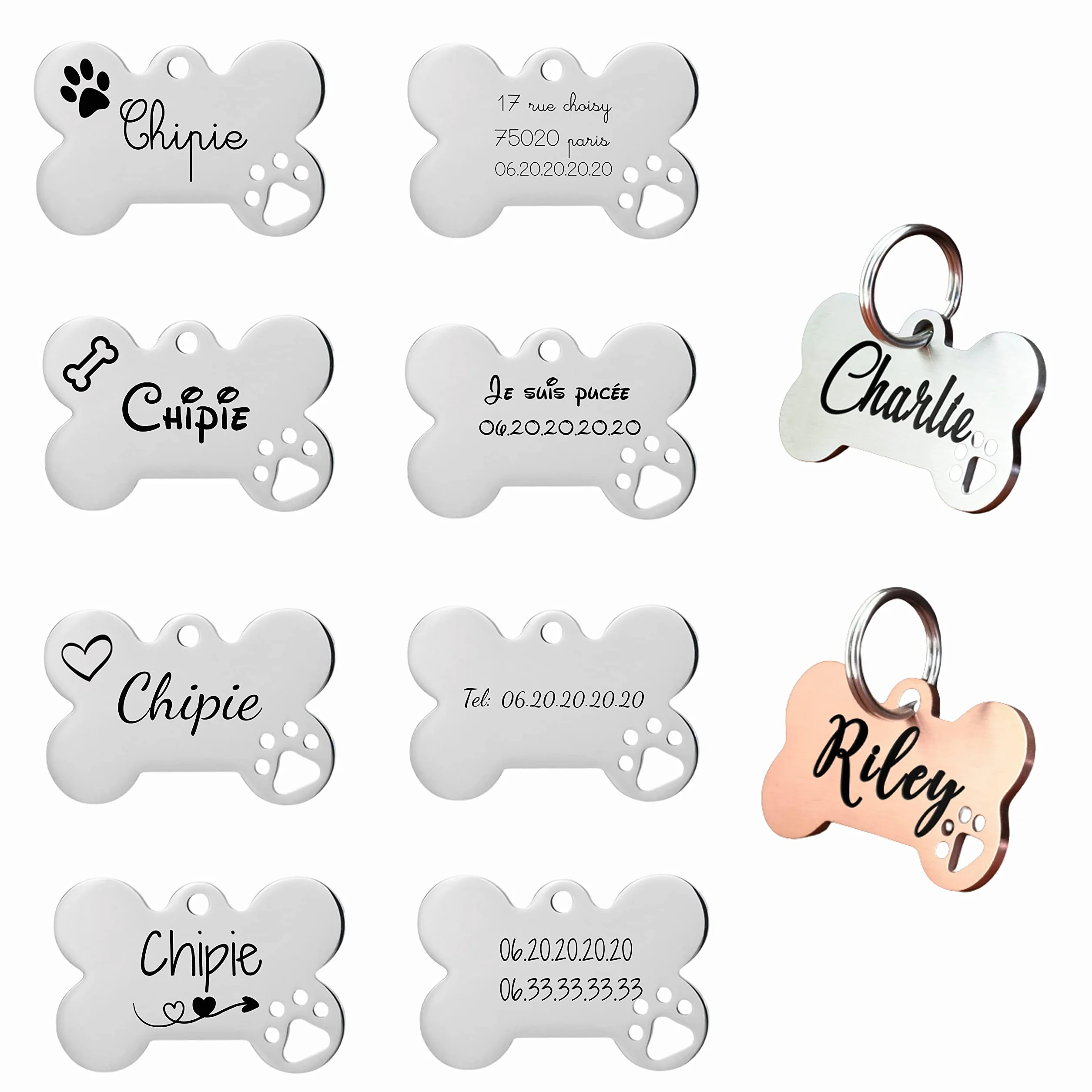 Médaille chien en acier inoxydable personnalisable avec gravure nom et téléphone, plaque identification os