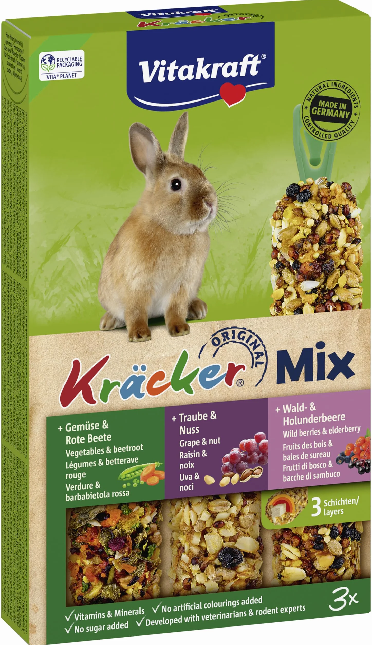 VITAKRAFT- Kräcker Mix, Snack Pour Rongeurs, Pour Lapins Nains, Aux Légumes Et Betterave Rouge, Au Raisin Et Aux Noix, Aux Baies Des Bois Et Sureau, Sans Ajout De Sucre Ni De Céréales (10X168G)