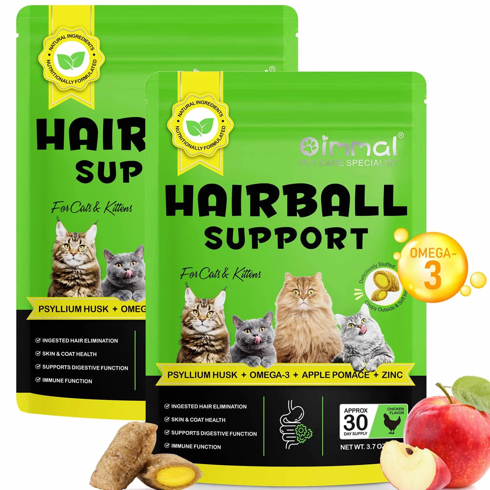 Lot de 2 traitements pour chats 200g 60 jours avec oméga-3 et fibres alimentaires