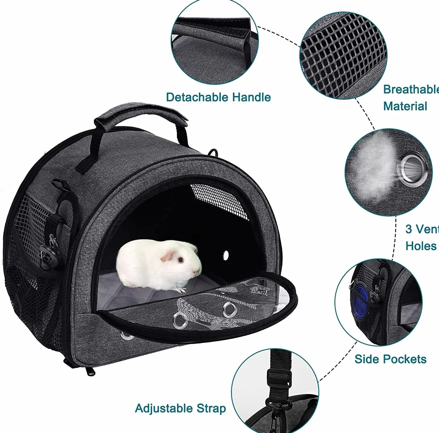 Sac de transport petit animal cochon d'Inde double porte avec trou bouteille eau doublure amovible gris
