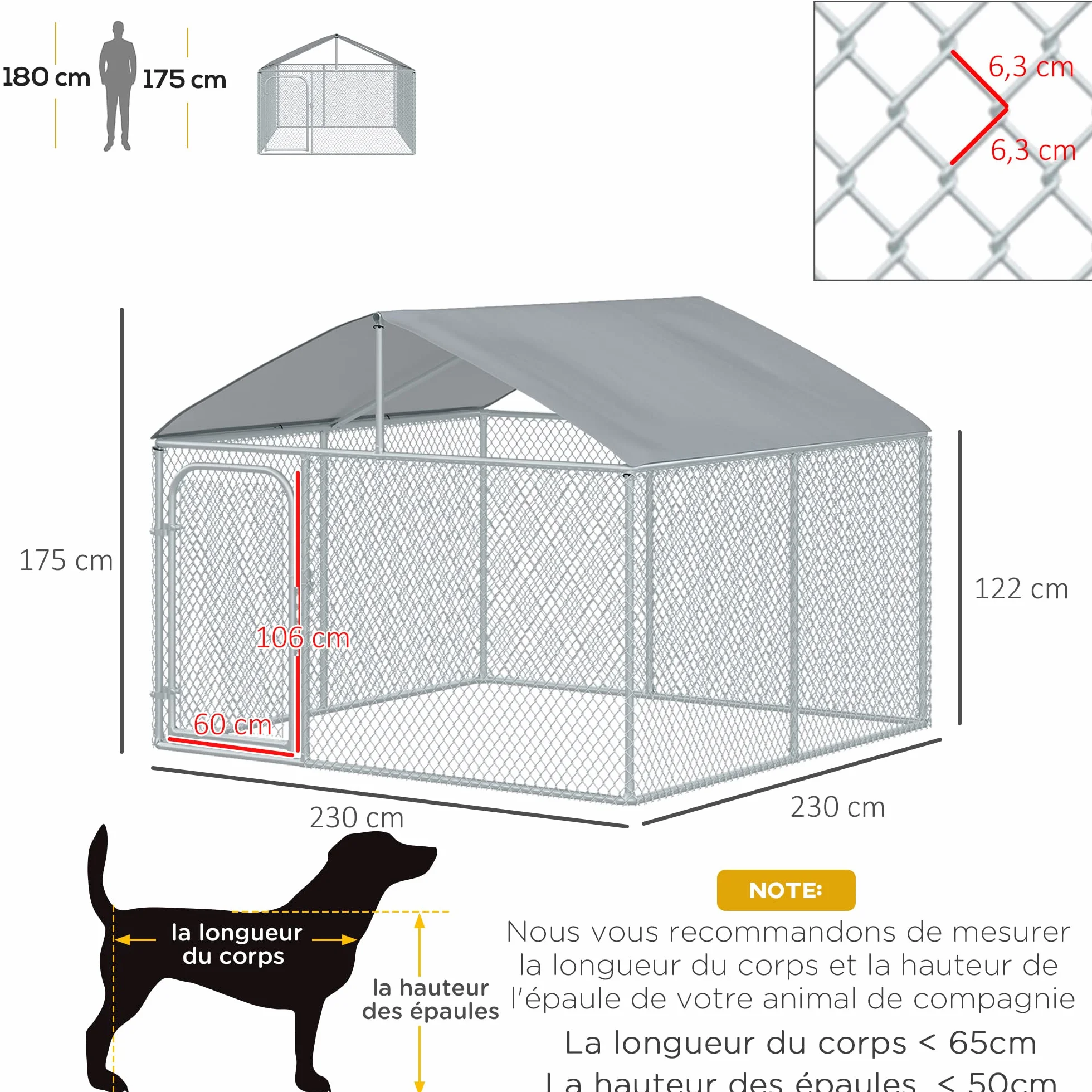 PawHut Chenil extérieur avec Toit pour Chien 5 m² - Parc grillagé 230 x 230 x 175 cm - Acier galvanisé