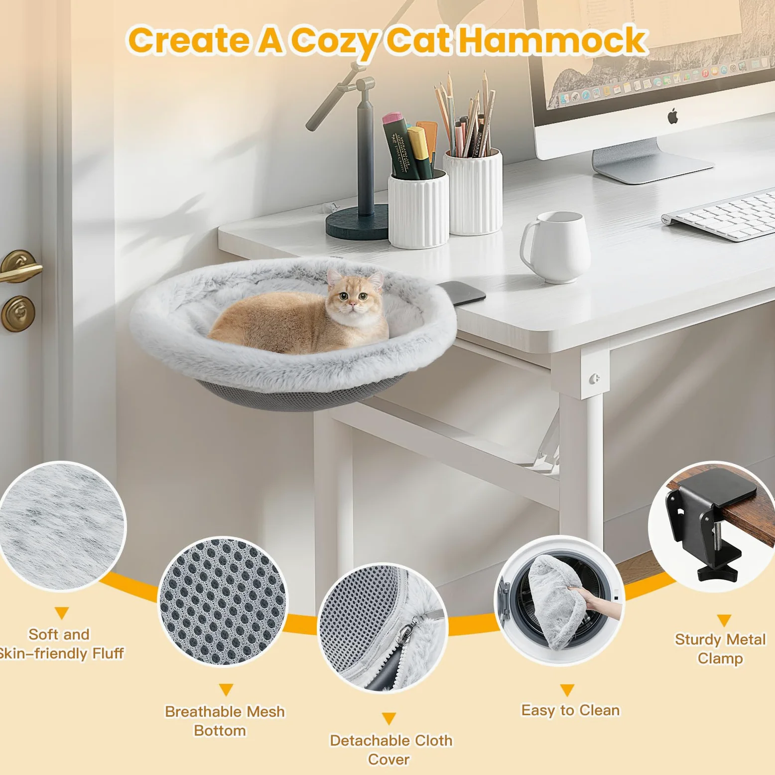 Pawaboo Lit De Bureau pour Chat, Lit D'Appoint Pliable en Un Clic | Hamac pour Chat avec Pince en Acier Pouvant Supporter Jusqu'à 18 Kg, Lits Suspendu Réversible pour Chats avec Peluche