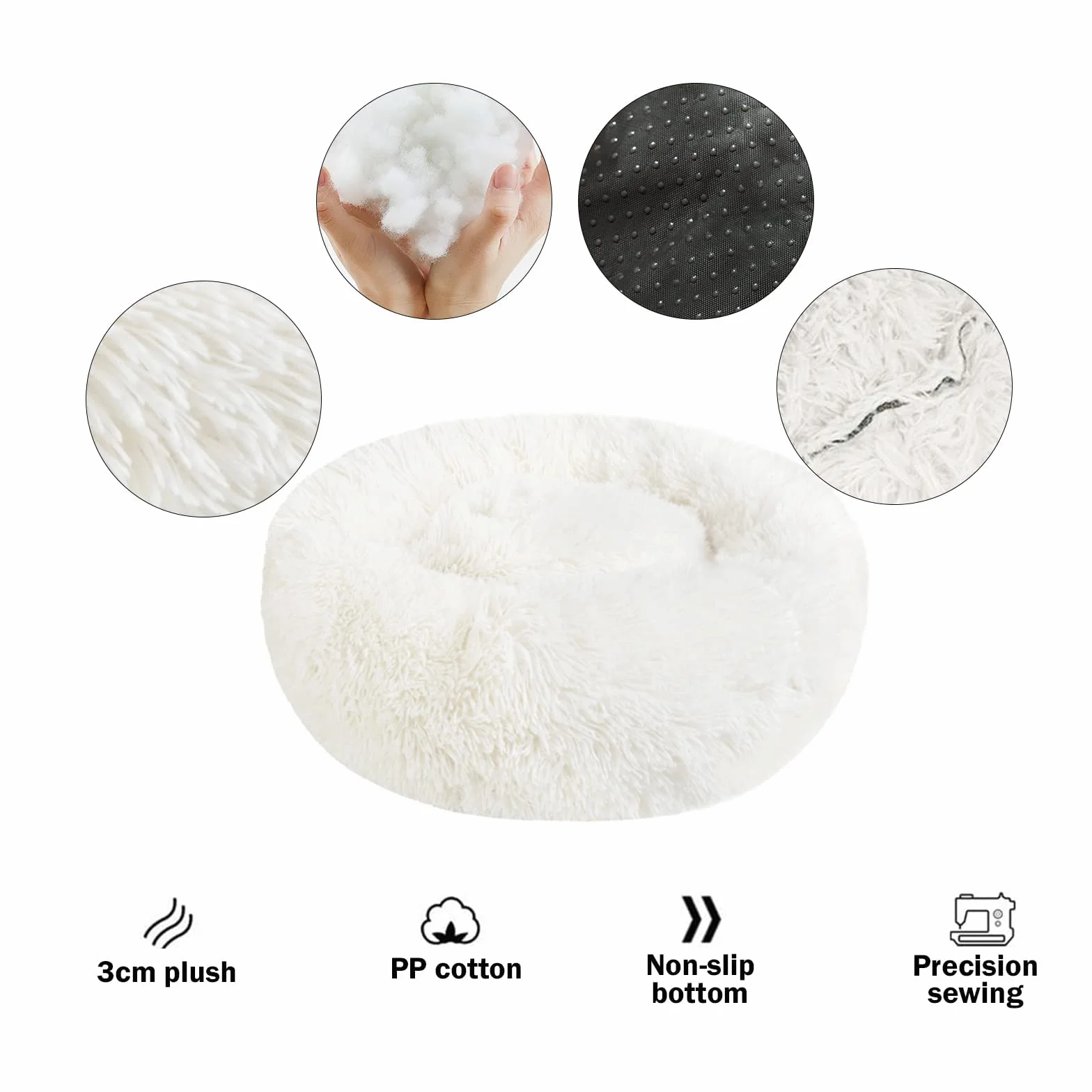 Coussin Anti Stress Apaisant pour Chat Chien Moelleux Rond Donut Lit Confortable Lavable Blanc S