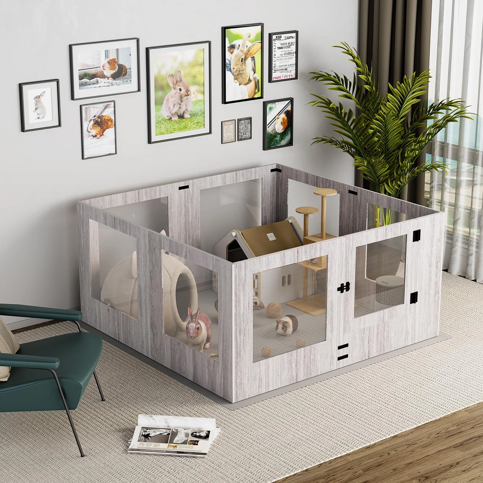 BingoPaw Parc pour Chien Intérieur Carré Enclos Grand avec Porte Verre Trempé Tapis 120x118.6x60cm