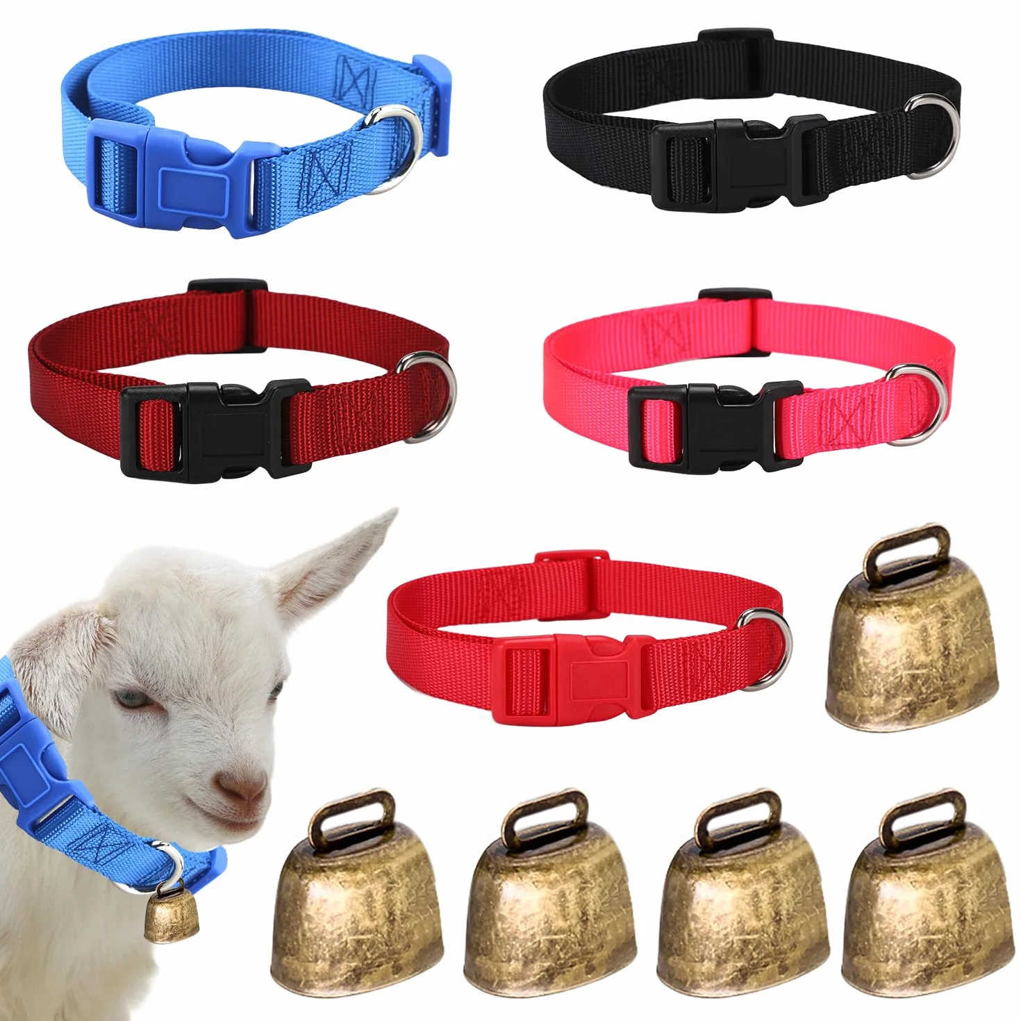 Lot de 5 colliers de chèvre avec clochettes réglables multicolores pour petits animaux de ferme 40-55 cm
