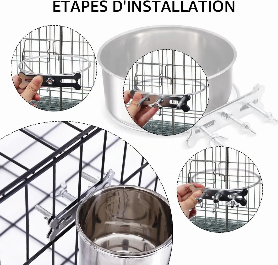 Gamelle suspendre en acier inoxydable - Support à trois boulons - Bol à eau et nourriture pour animal de compagnie