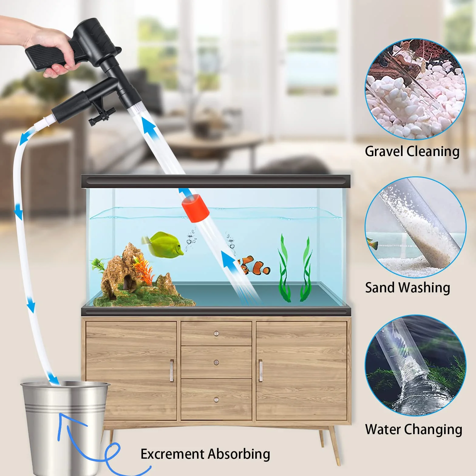 Aspirateur de Boues d'Aquarium, 5 in 1 Kit de Nettoyage de Gravier d'Aquarium, Nettoyeur de Gravier Changement d'eau Filtre Rapide Aquarium Changeur l'eau avec Bouton Pression d'air Grattoir en Verre
