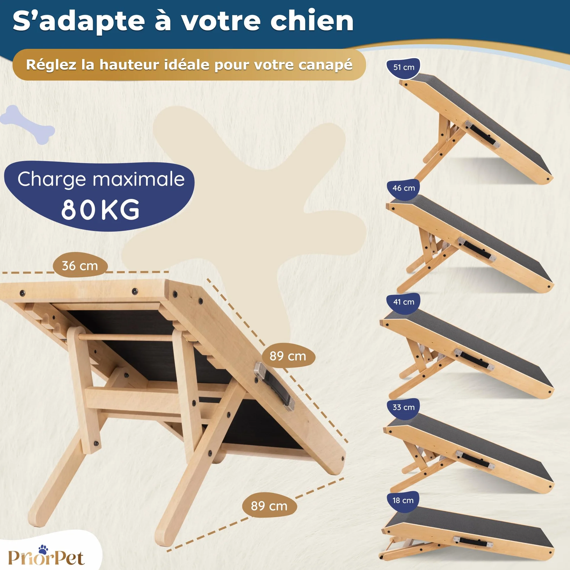 Rampe pour Chien Pliable et Réglable 18-53 cm - Surface Antidérapante - Bois de Bouleau Naturel