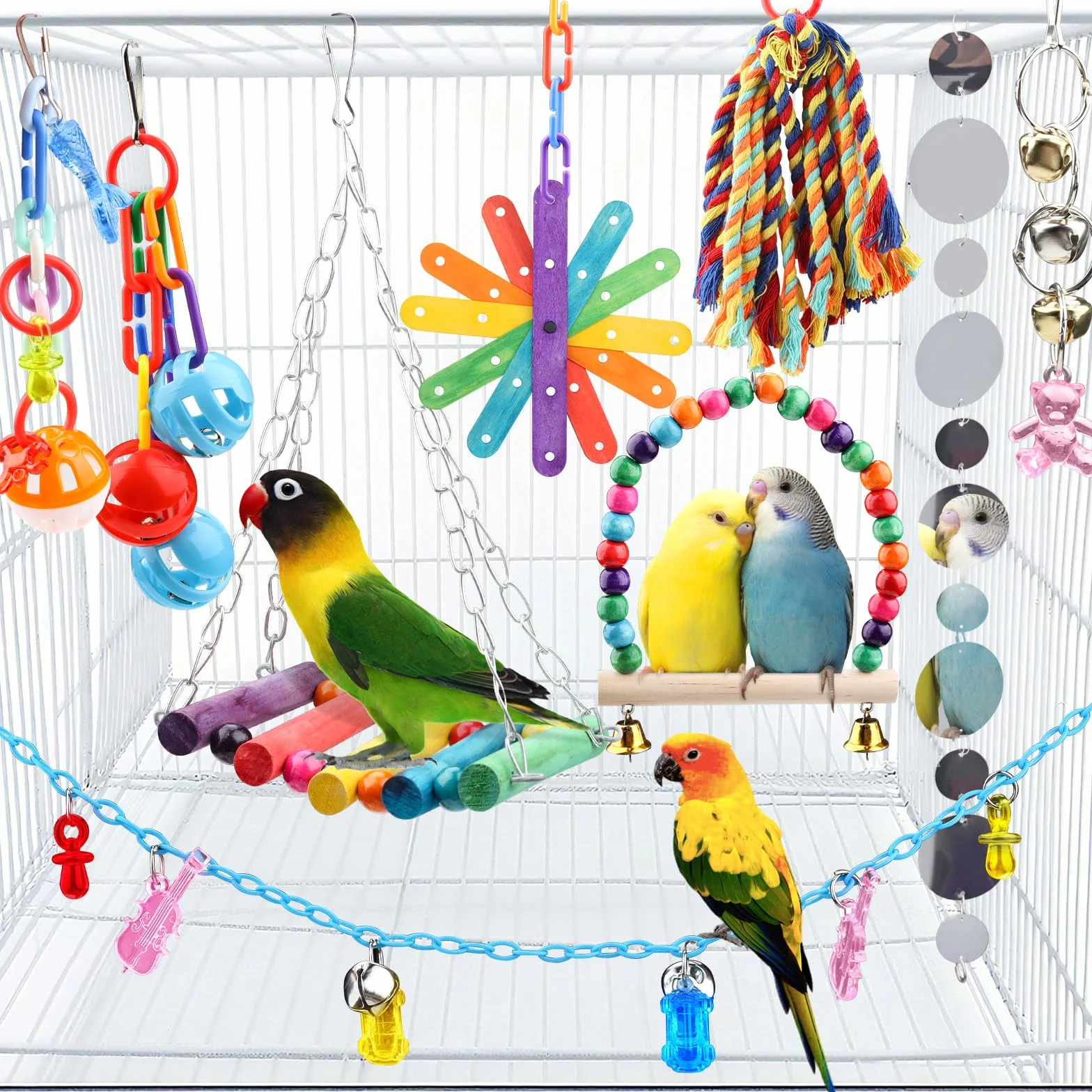 QUOZUO Jouets pour Oiseaux 9 Pièces Jouet Perroquet à Mâcher Suspendre Accessoire Cage Balançoire Échelle Cloches