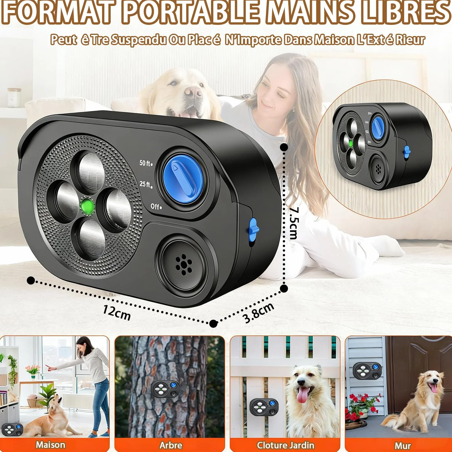 Anti Aboiement Chien Ultrason Puissant, 3 Modes, Portée 23 m, IP65 Rechargeable, Sifflet Ultrasonique Intérieur/Extérieur