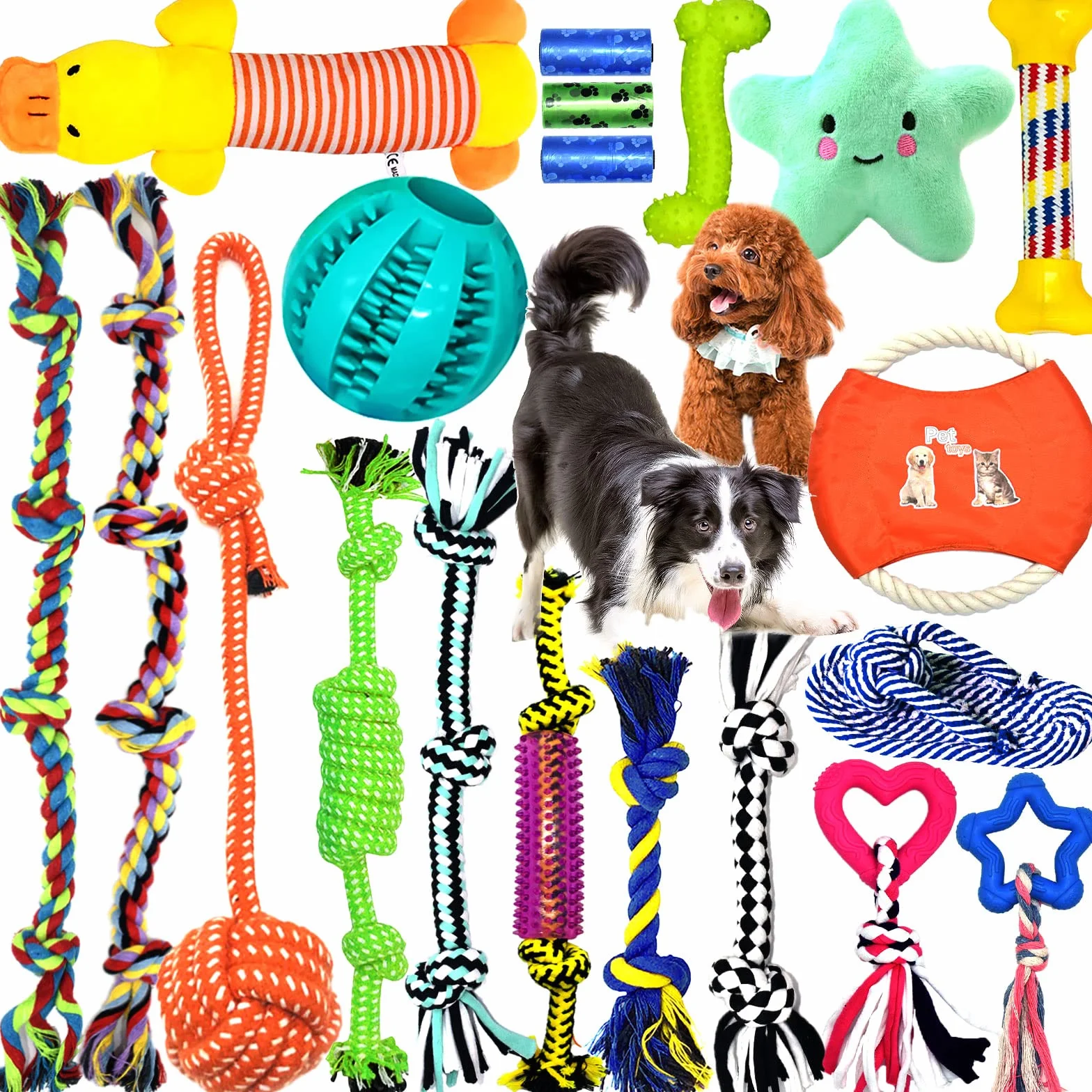 Lot de 20 jouets pour chien - Corde interactive - Balle en corde - Dents robustes - Jouet durable pour chiens de petite et grande taille