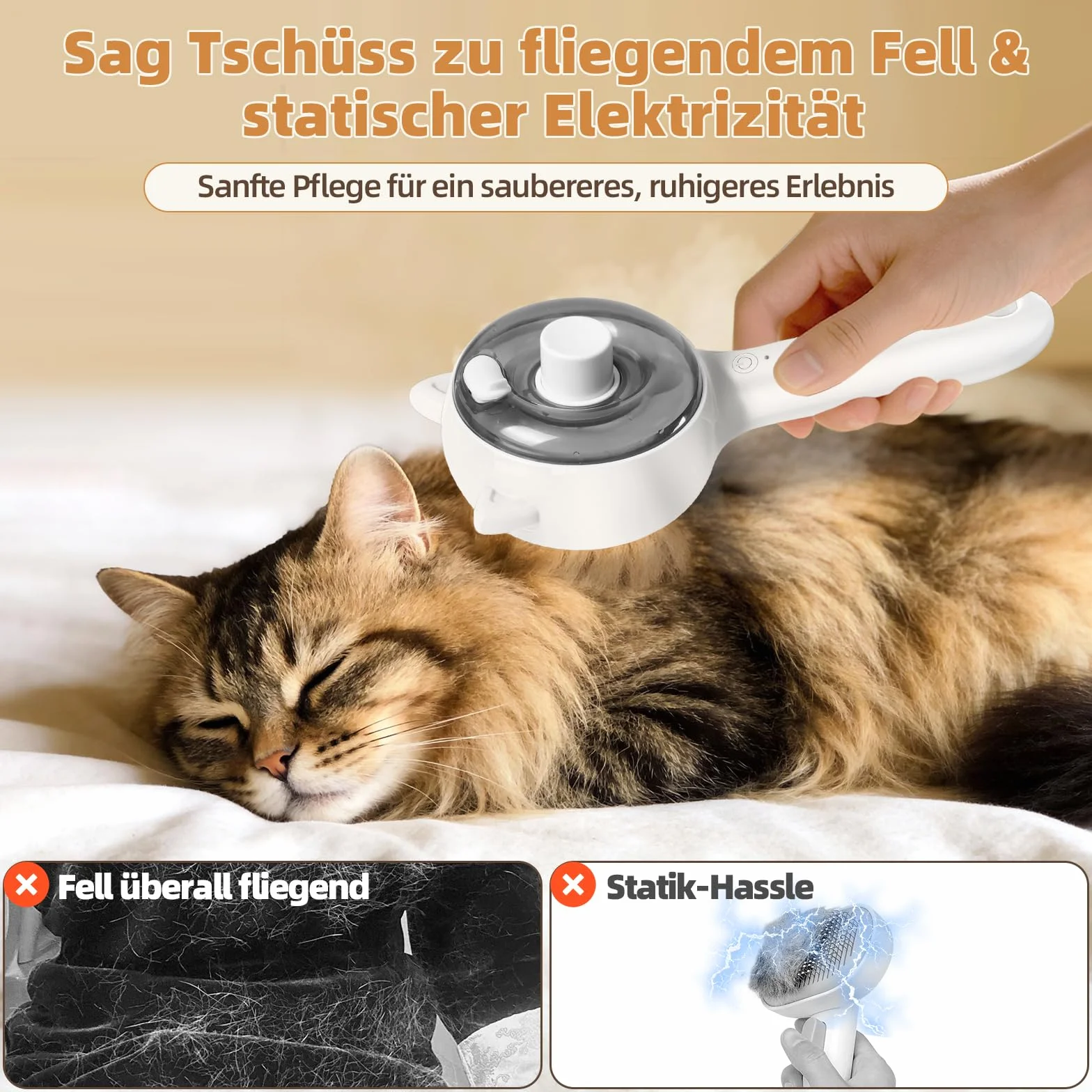 Brosse à chat à vapeur 2 en 1 Retire-Underpoil, USB rechargeable, Grand réservoir, Chiens & chats poils longs/courts