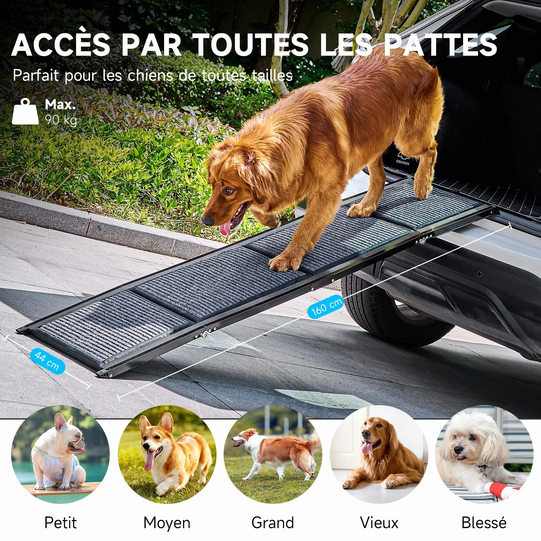 CO-Z 160×44 cm Rampe pour Chien Voiture Pliable Capacité 90 kg Surface Antidérapante Escalier Rampe D'accès Voiture pour Chiens Portable pour Animaux Grand Chien Chat Intérieure Extérieure
