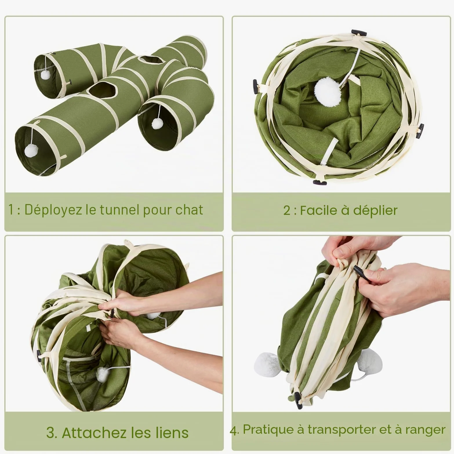 Ownpets Tunnel pour chat - Grand cactus - 4 voies - Avec tissu Oxford robuste - Pliable et indéchirable - Diamètre : 25 cm - Vert