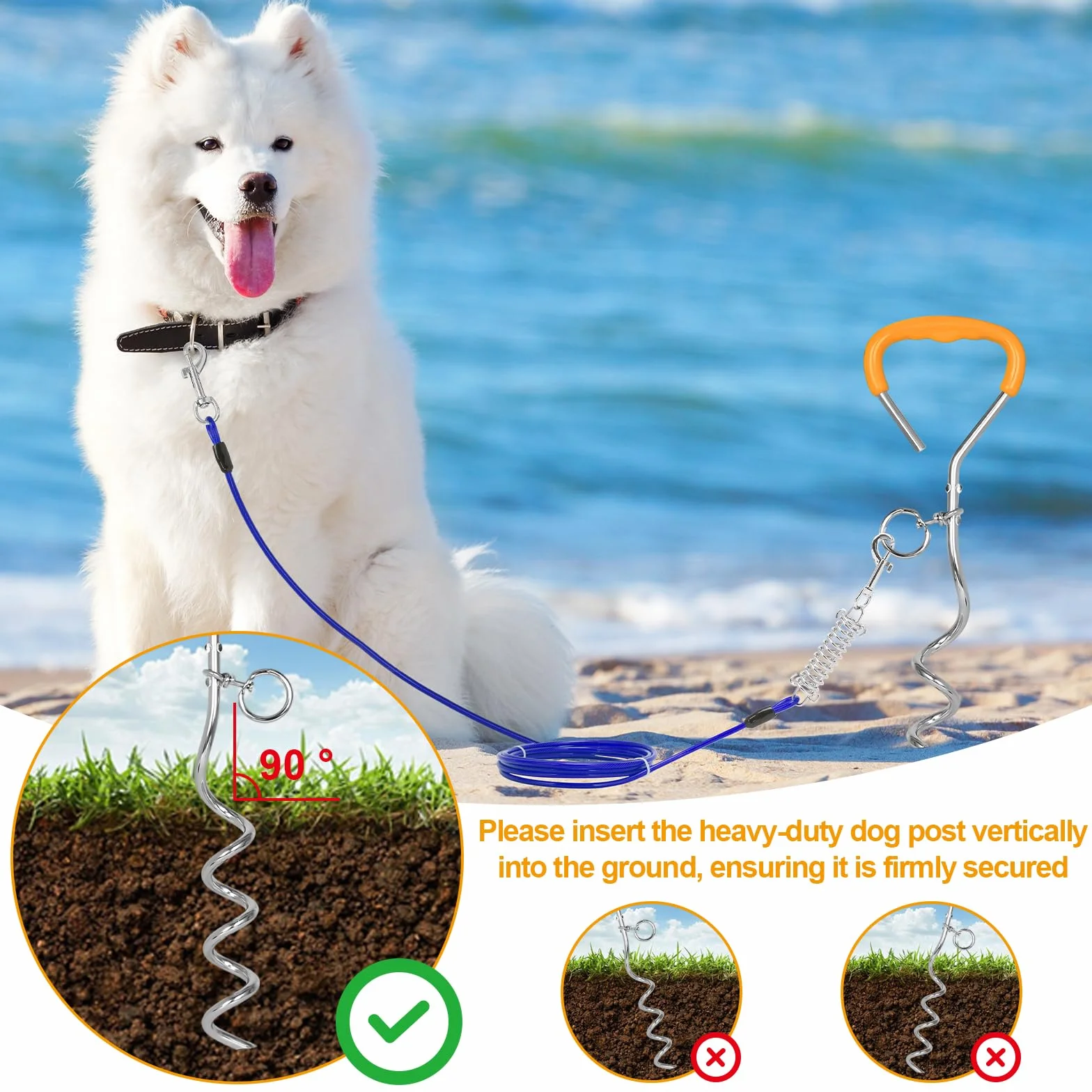 Ancrage au sol pour chien - 42 cm x 9 mm - Robuste et durable - Avec crochet rotatif et ressort absorbant les chocs - Pics pour chien en spirale - Pour jardin, plage, pelouse, extérieur (bleu)