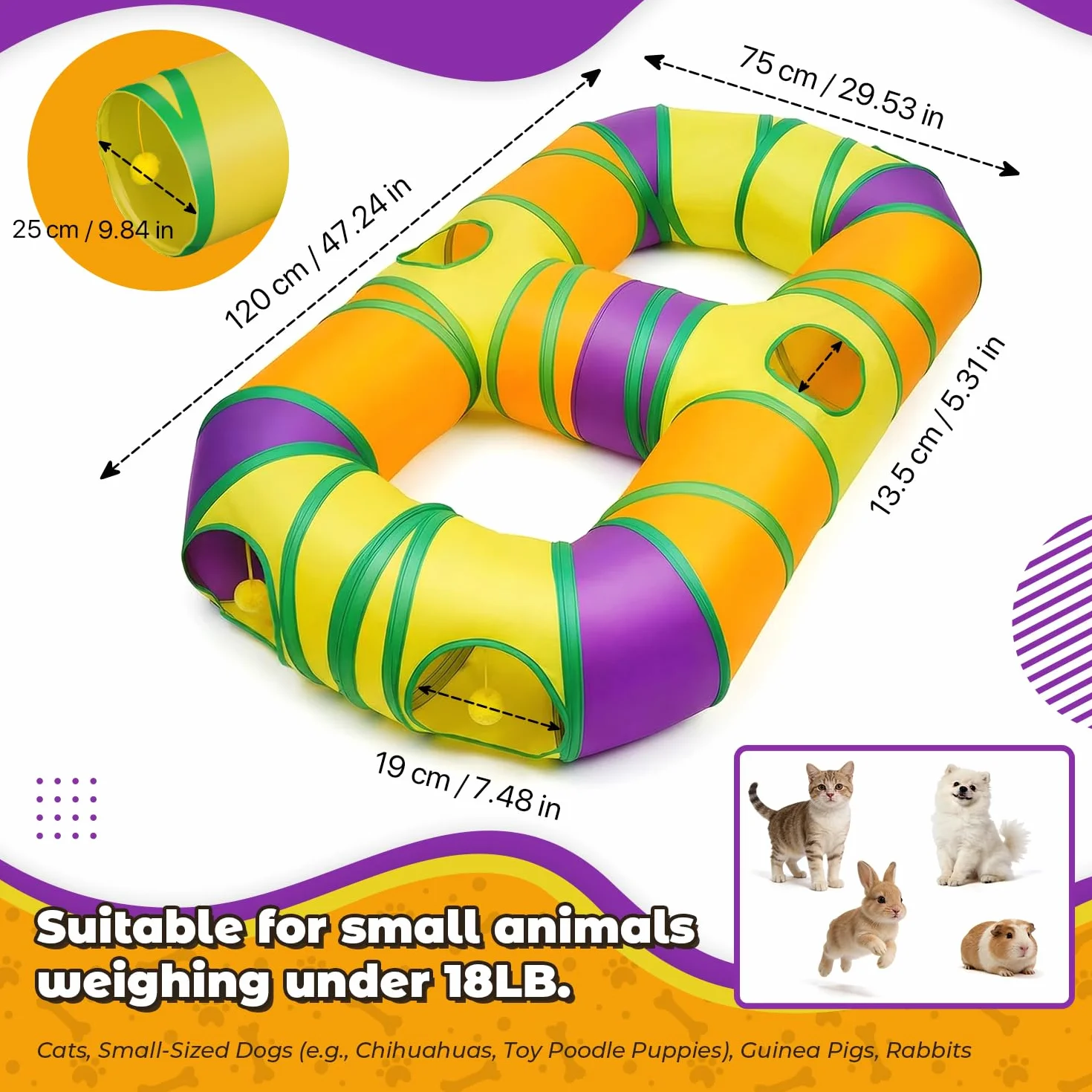 Tunnel de Jeu pour Chat Interieur en Forme de 8, Jouer Tube pour Chat avec Pompons Suspendus et Trou interactif pour Chatons, Chiots, Lapins, furets, cochons d'Inde