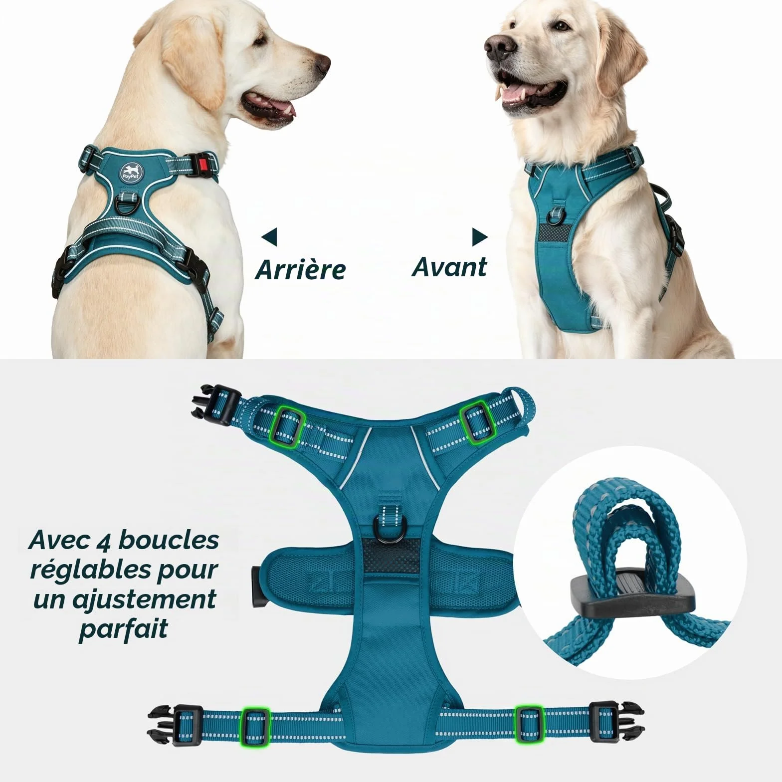 Poypet Harnais pour Chien Réfléchissant Gilet Réglable Doux Poignée Easy Control Bleu Sarcelle Taille S