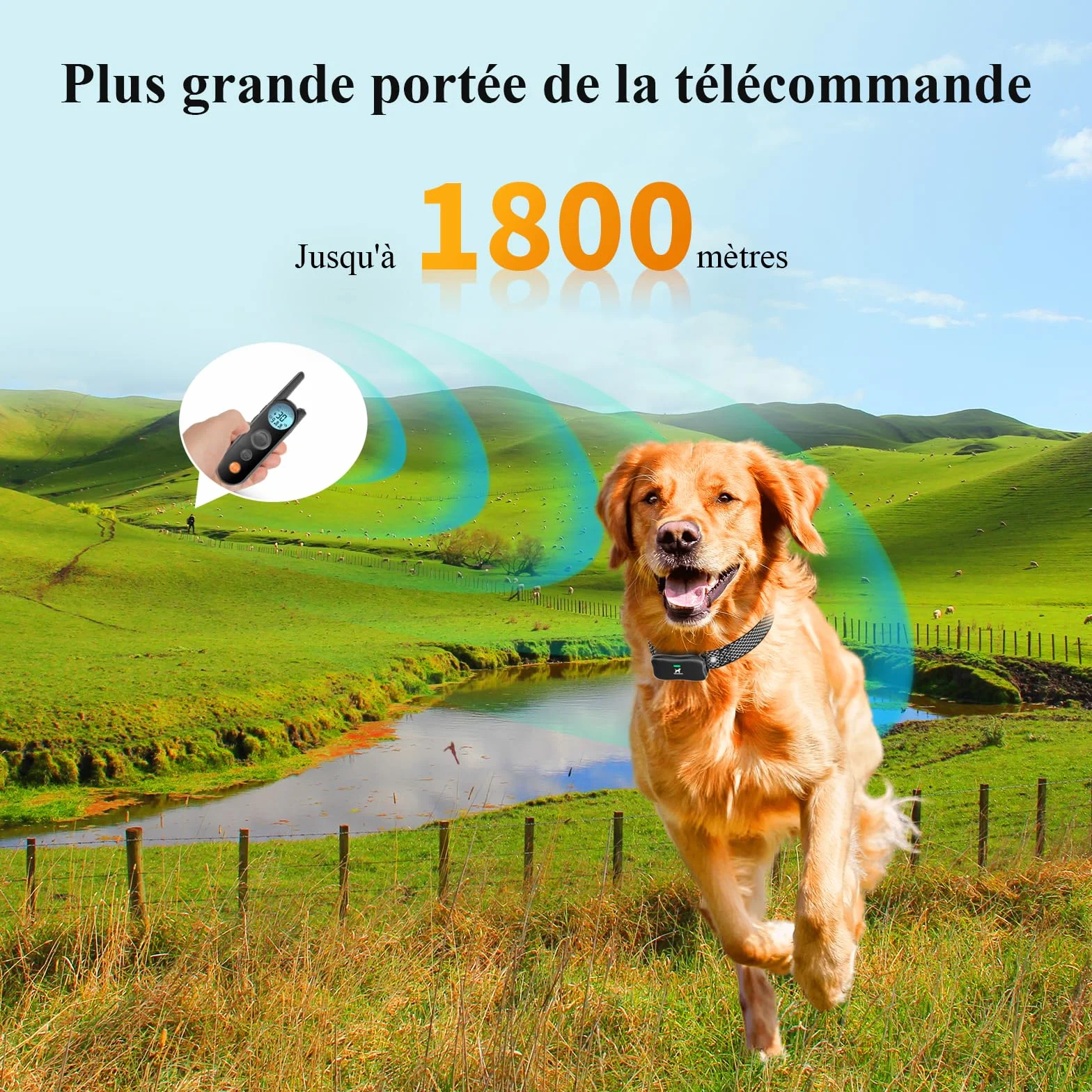 Clôture Électronique pour Chien 14 Niveaux Distance 8-1050m IPX7 Résistant à l'Eau
