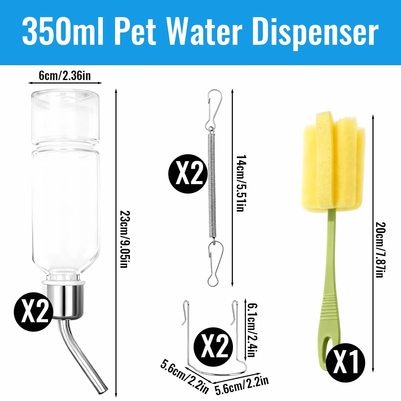 2 Pièces Biberon Lapin, 350ml Abreuvoir Lapin Suspendus, avec Crochet à Ressort Brosse de Nettoyage pour Les Rongeurs