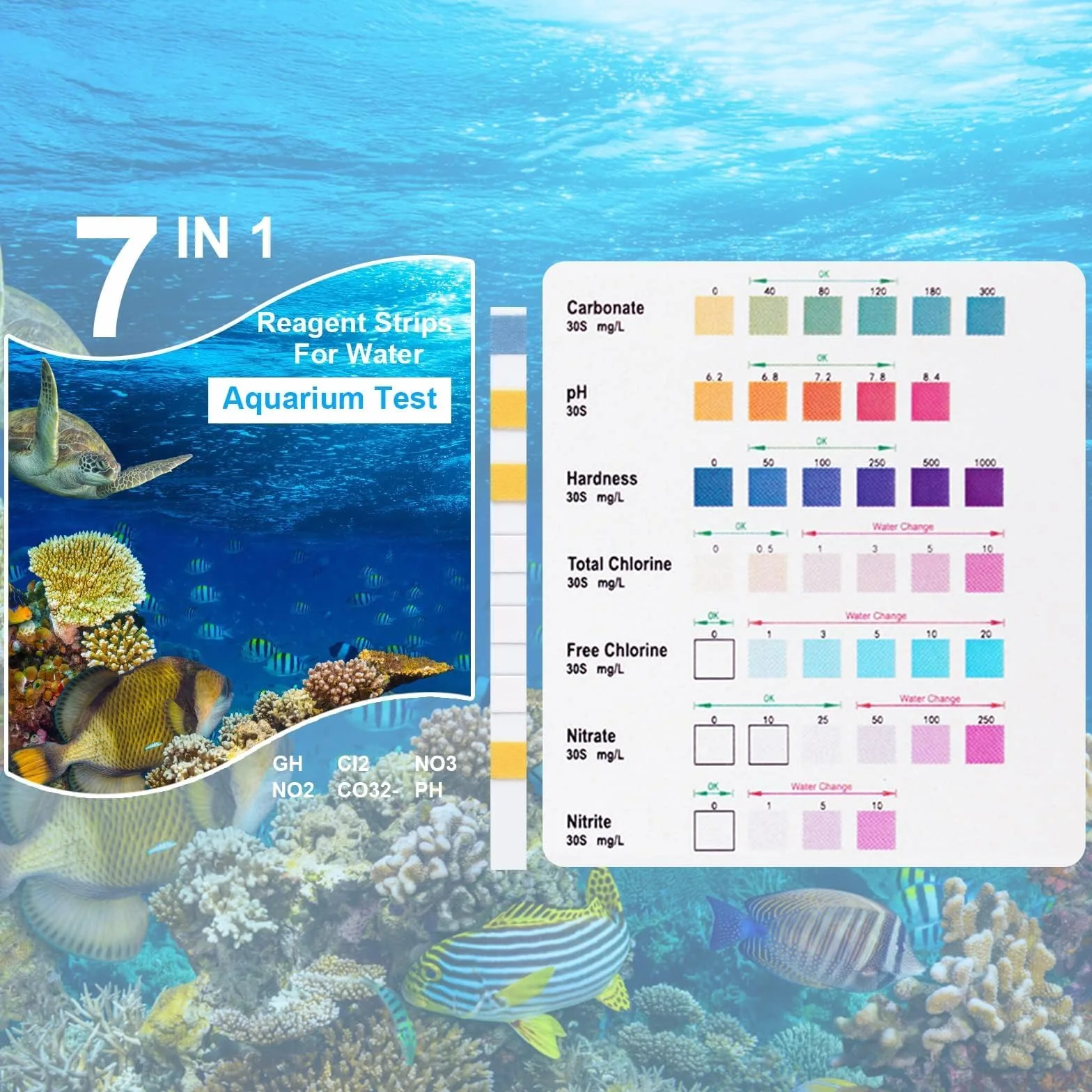 Bandelettes de Test d'Aquarium 7 en 1, 100 Bandelettes de Test Eau Dureté Totale, Alcalinité, Carbonates, Nitrates, Nitrites, Chlore Libre pH, Cuivre Test Rapide