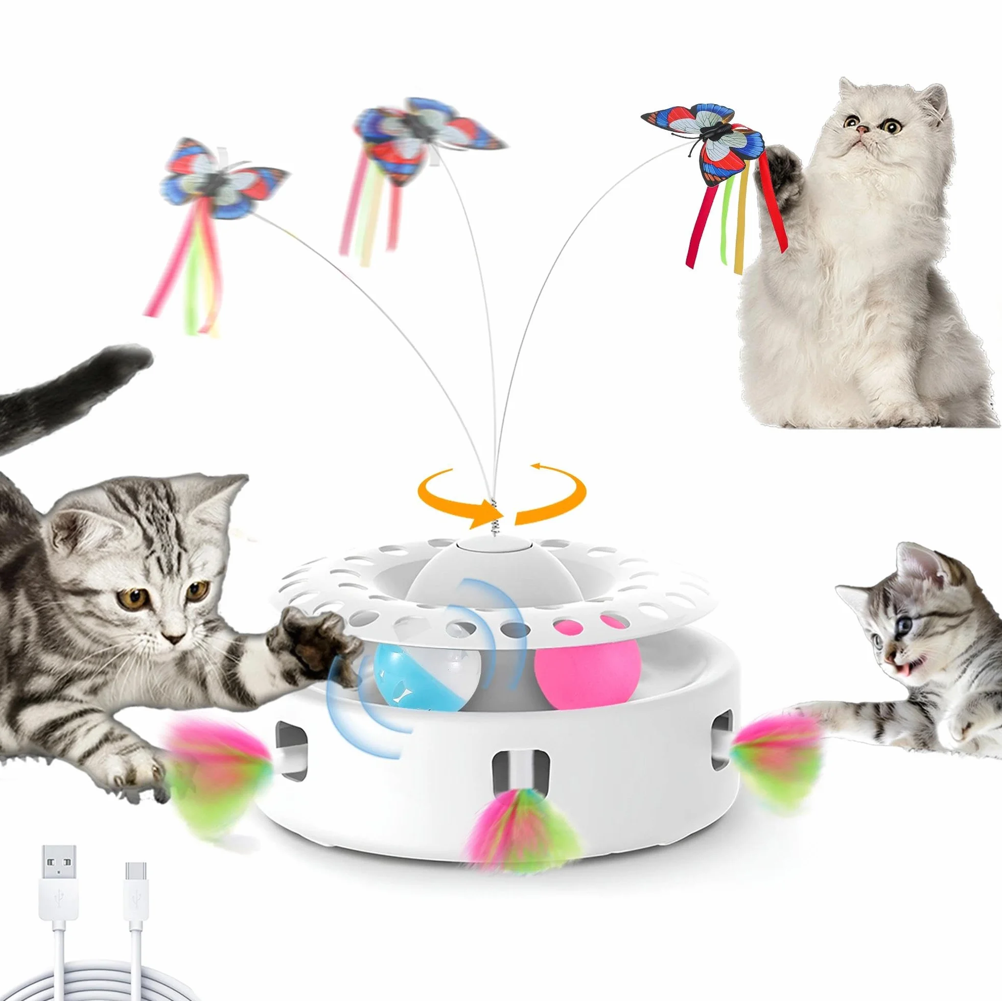 Soarer Jouet Interactif Automatique pour Chat 3 en 1 avec Papillons Volants et Accessoires Remplaçables