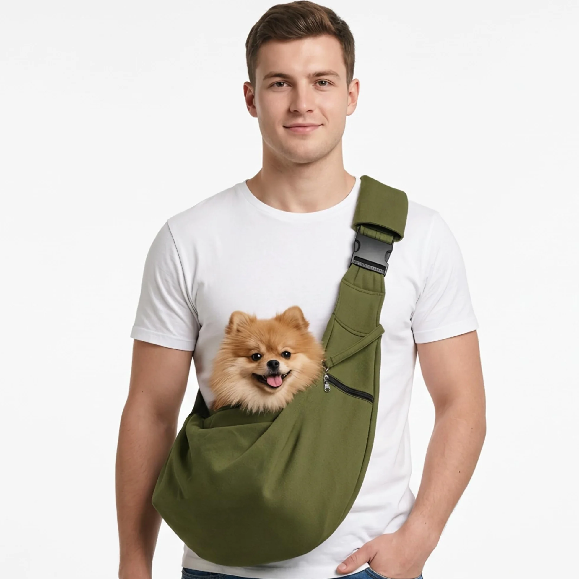 ALLSOPETS Sac de Transport Chien Chat, Sac Bandoulière Respirant pour Petit Chien avec Crochet de Sécurité, Vert Olive