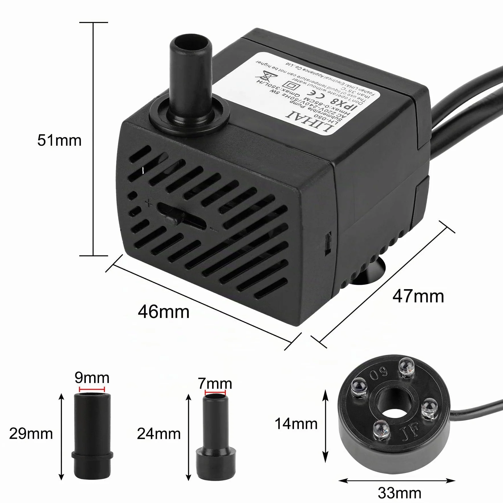 Mini pompe à eau LED 350 l/h 3,5 W submersible aquarium jardin fontaine rocaille 0,85 m