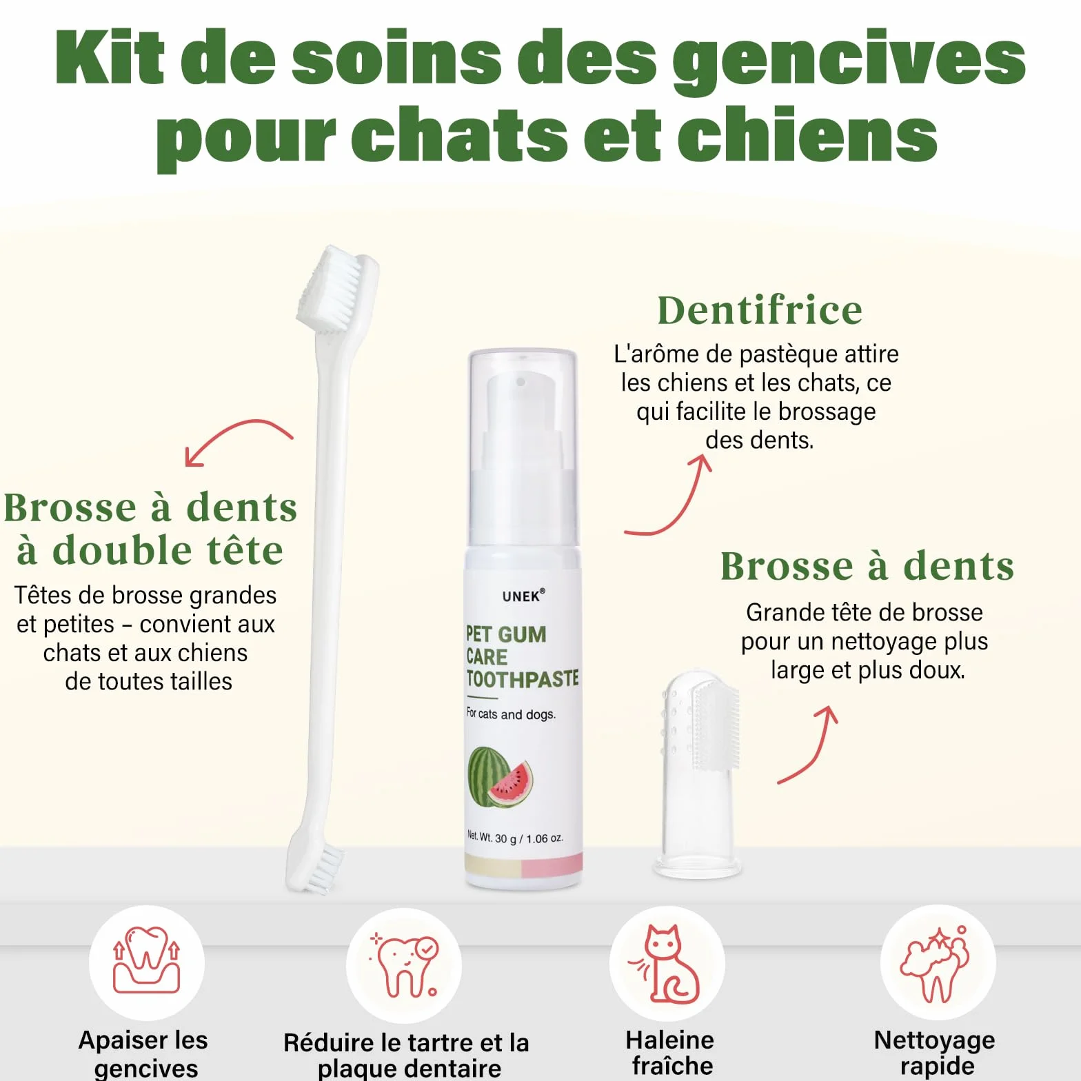 UNEK Dentifrice chiens chats saveur pastèque 2 brosses à dents