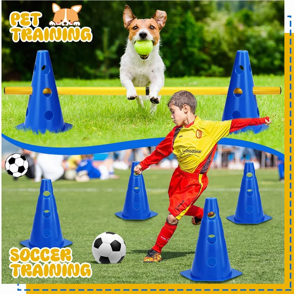 Agility Kit d'Obstacles pour Chiens et Enfants, Ensemble de Barrières Enfichables, 8 Cônes 23 cm + 4 Barres 81 cm