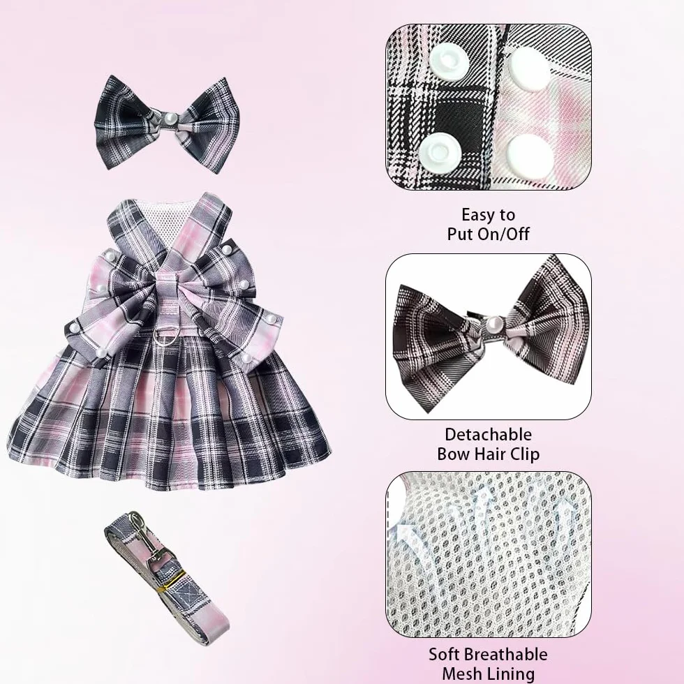 Robe pour Chien Tartan Rose Noir Noeud Papillon Vêtement Canin Respirant Mariage Cérémonies Petit Moyen Grand (S)