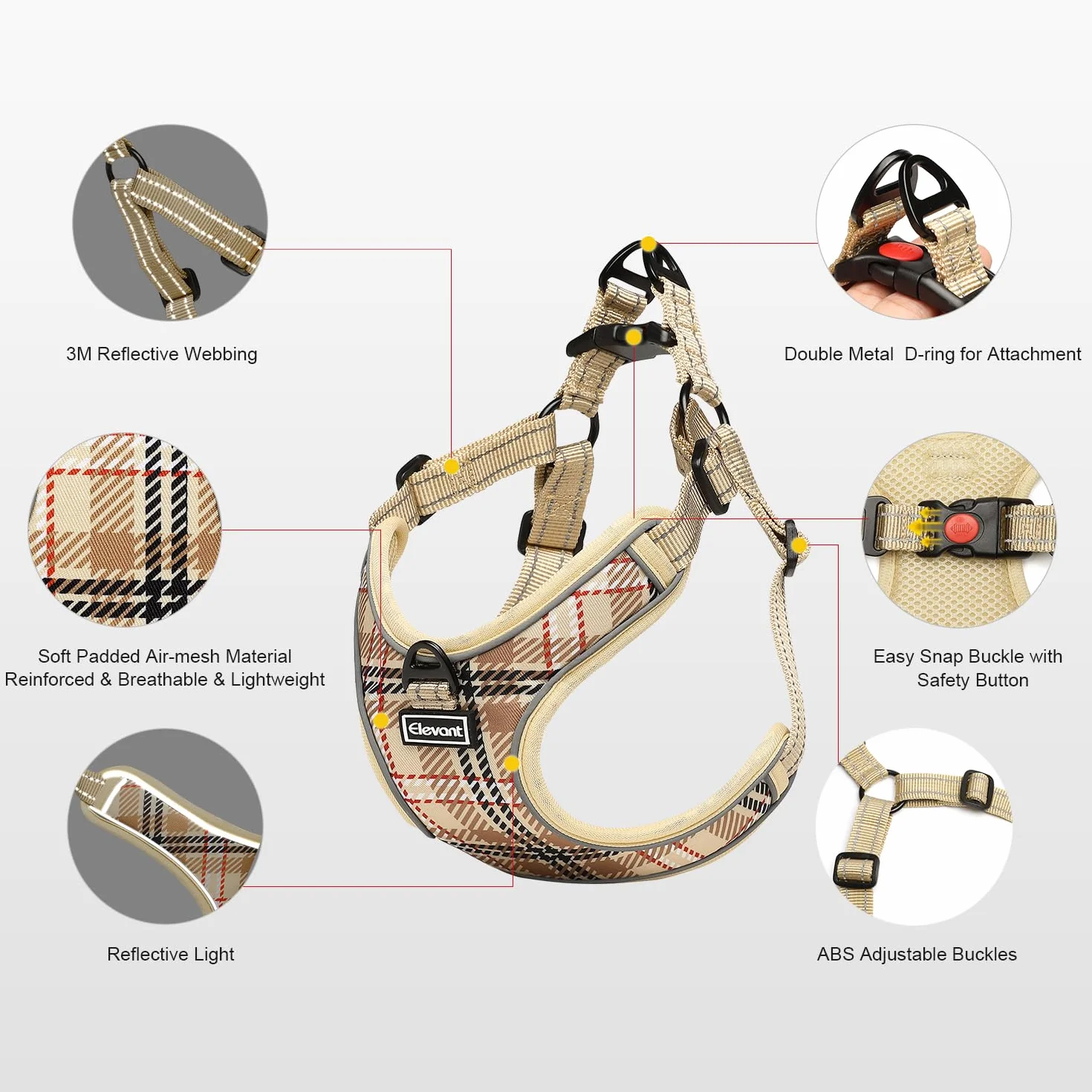 Harnais Chien Anti Traction Réglable Réfléchissant Respirant Confort Doux Gilet Rembourré Petite Moyenne Grande Chien XS Beige Marron