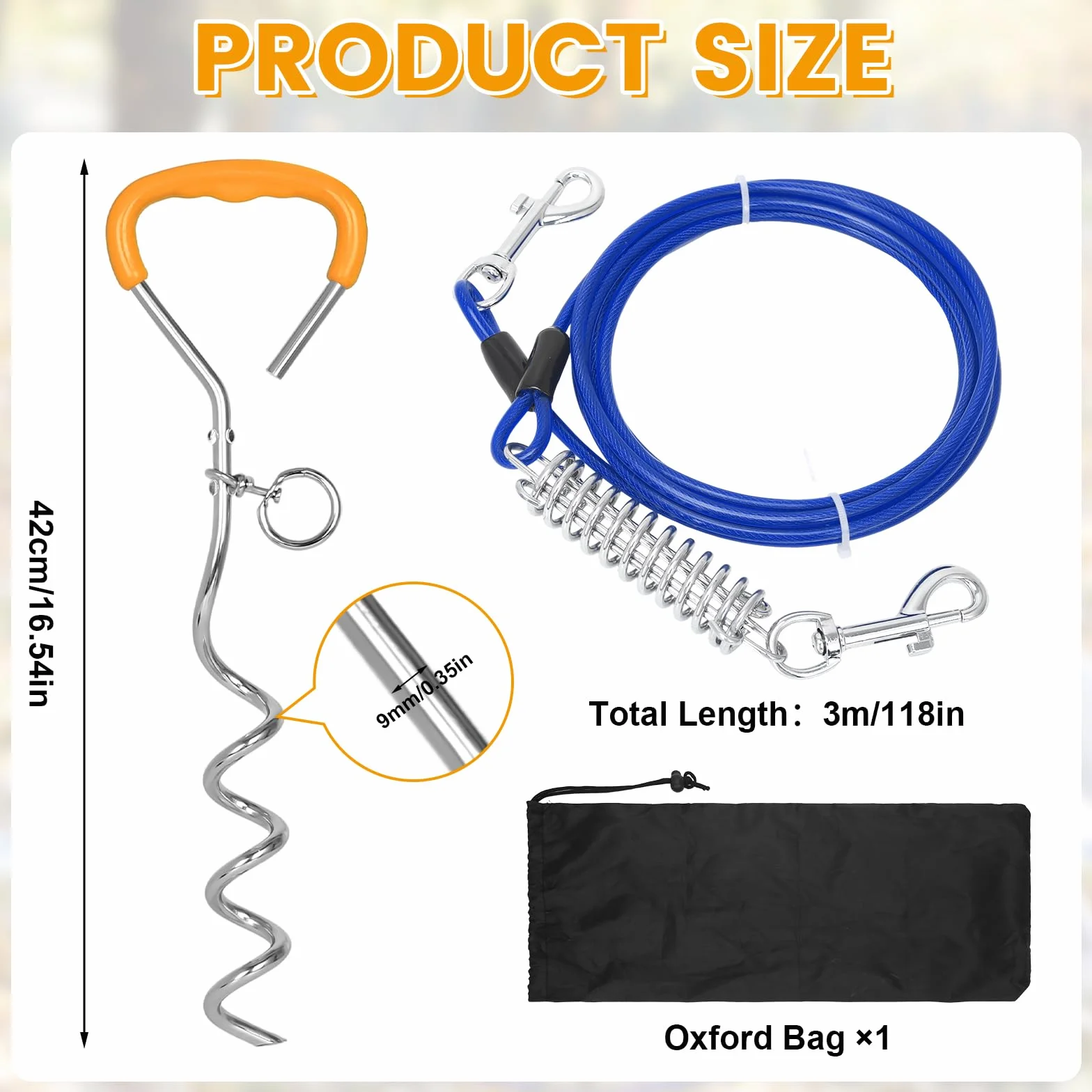 Ancrage au sol pour chien - 42 cm x 9 mm - Robuste et durable - Avec crochet rotatif et ressort absorbant les chocs - Pics pour chien en spirale - Pour jardin, plage, pelouse, extérieur (bleu)