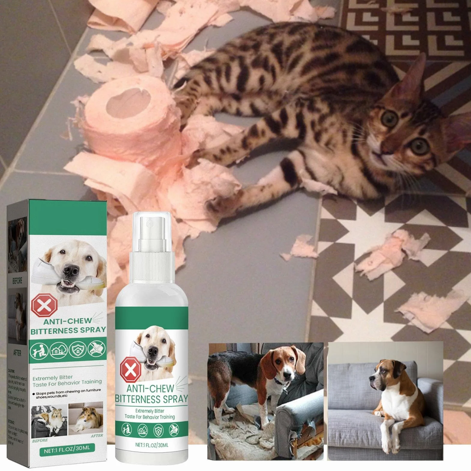 Spray anti-mastication amer pour chien, naturel et efficace contre le léchage et mâchage des meubles