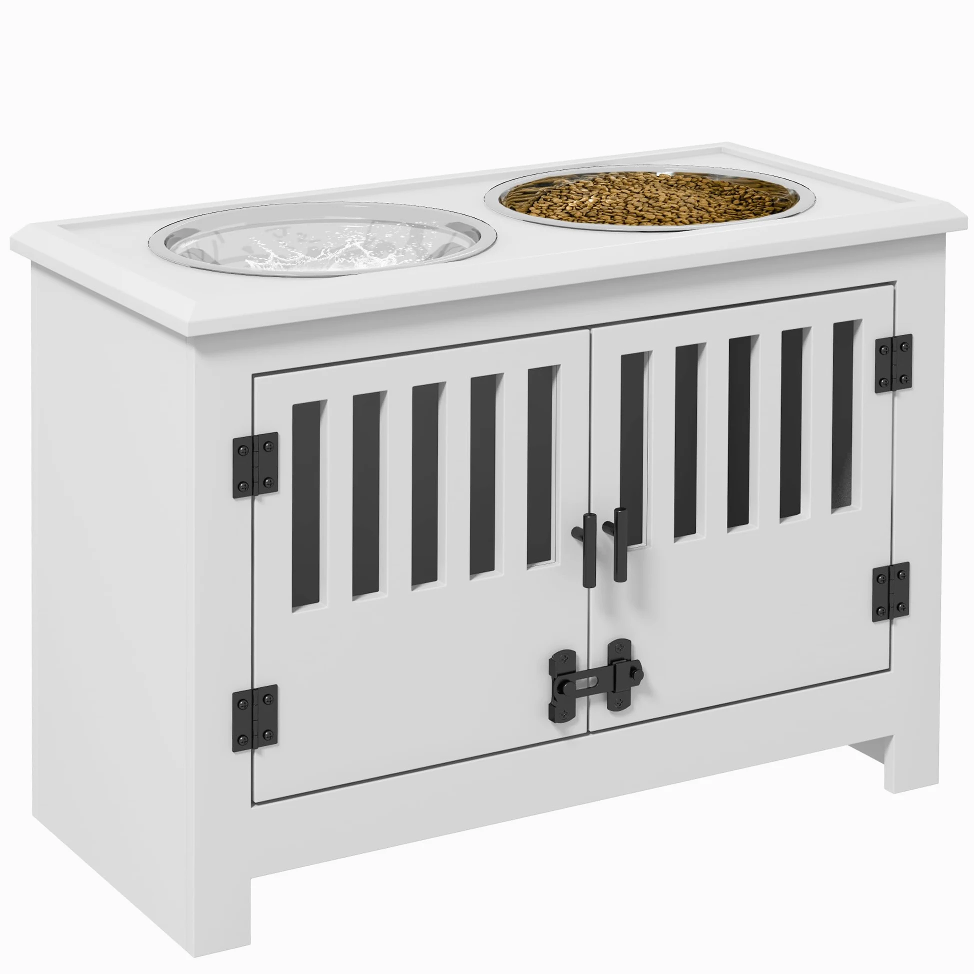 PawHut Grandes gamelles surélevées avec Armoire de Rangement 37L Blanc | Support gamelle surélevée, gamelle nourriture, station alimentation chien