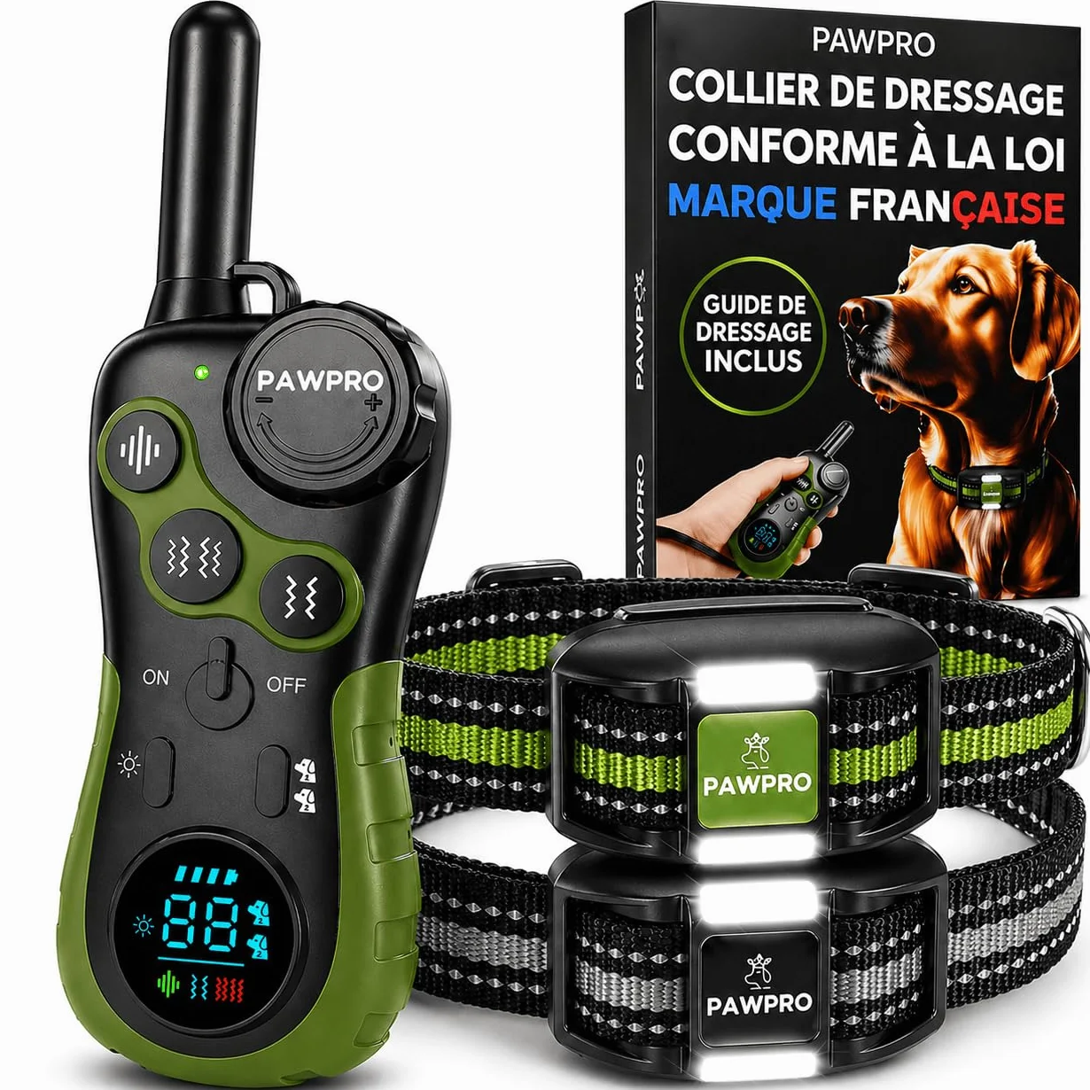 PAWPRO Collier de Dressage, Conforme Nouvelle Loi Bien Être Animal, Portée XXL 3km, Mode Lumière Nocturne, Guide de Dressage Inclus, BIP Vibration Boost, Adapté à Tous Les Chiens (2 Colliers)