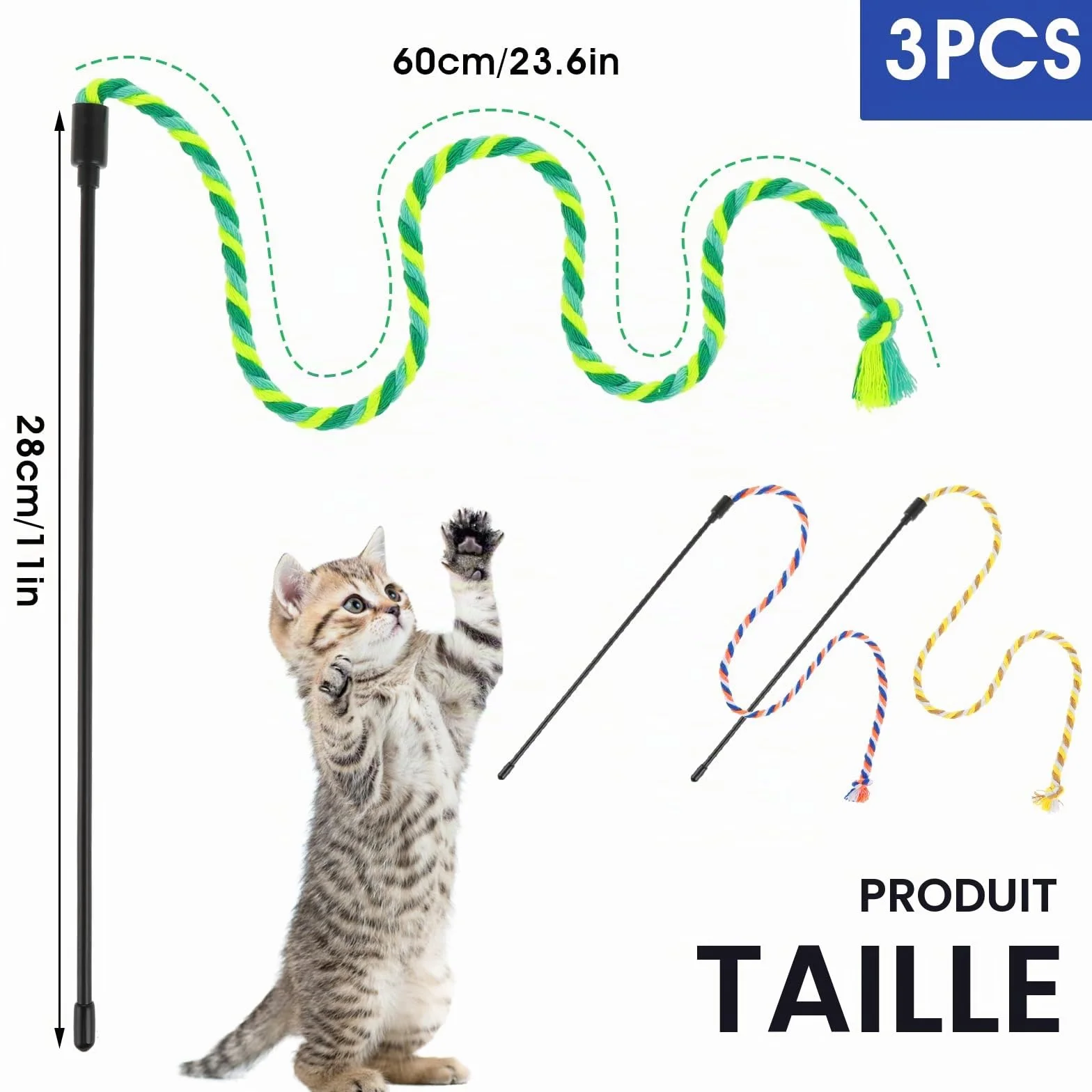 Simarro Lot de 3 Baguettes à Plumes Jouet Interactif Chat Corde Colorée