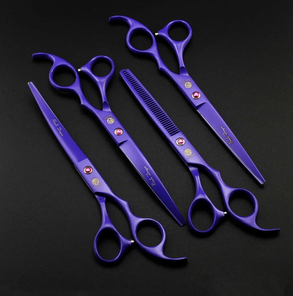 Purple Dragon Lot de 4 ciseaux de toilettage professionnels de 17,8 cm en acier japonais de qualité supérieure, droit, incurvé et à effiler avec étui