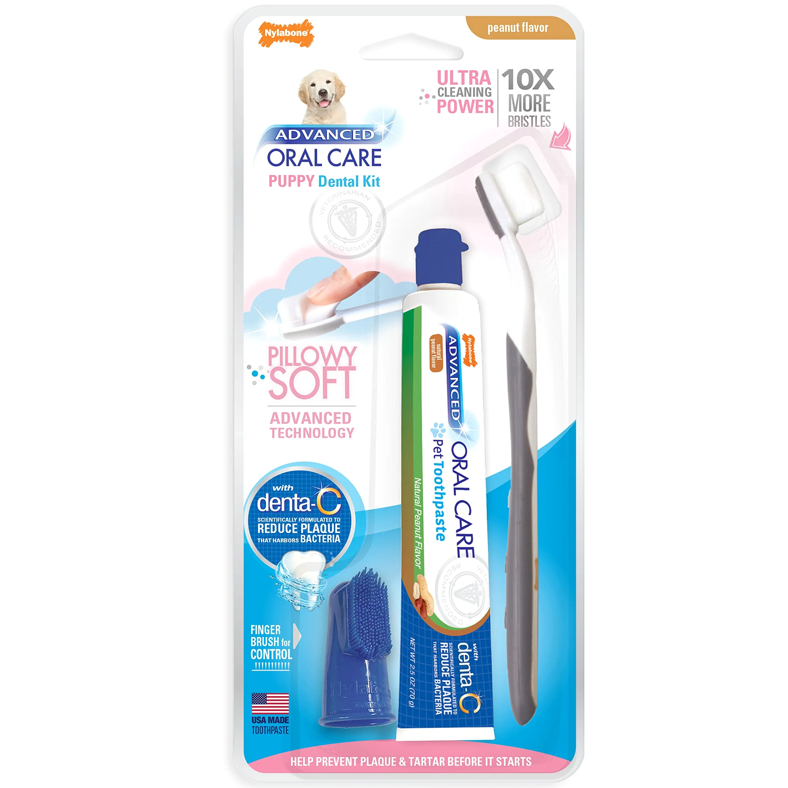 Nylabone Advanced Oral Care Kit Dentaire pour Chiot avec Brosse à Dents à Poils Doux et Doux Beurre d'arachide (3 pièces)