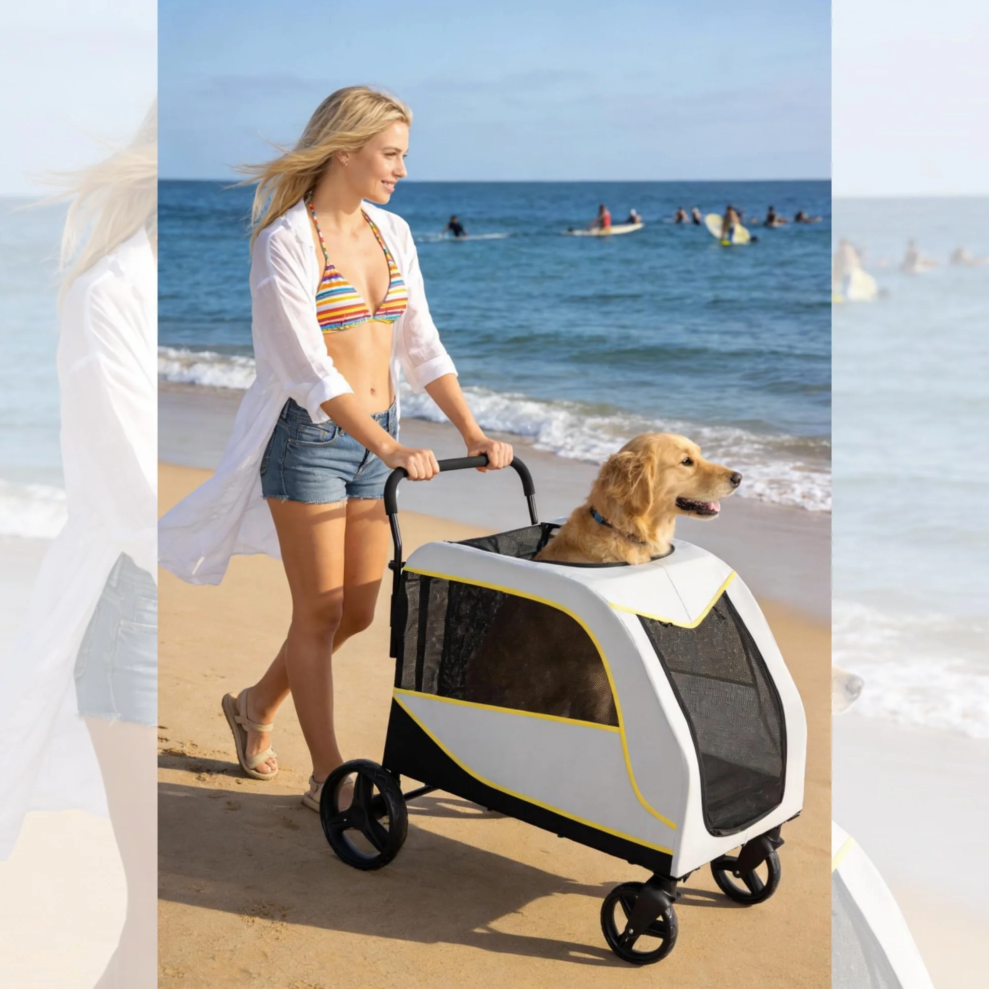 Grande poussette pour chien 50 kg pliable avec rampe intégrée 2 en 1 traction tout terrain jogging